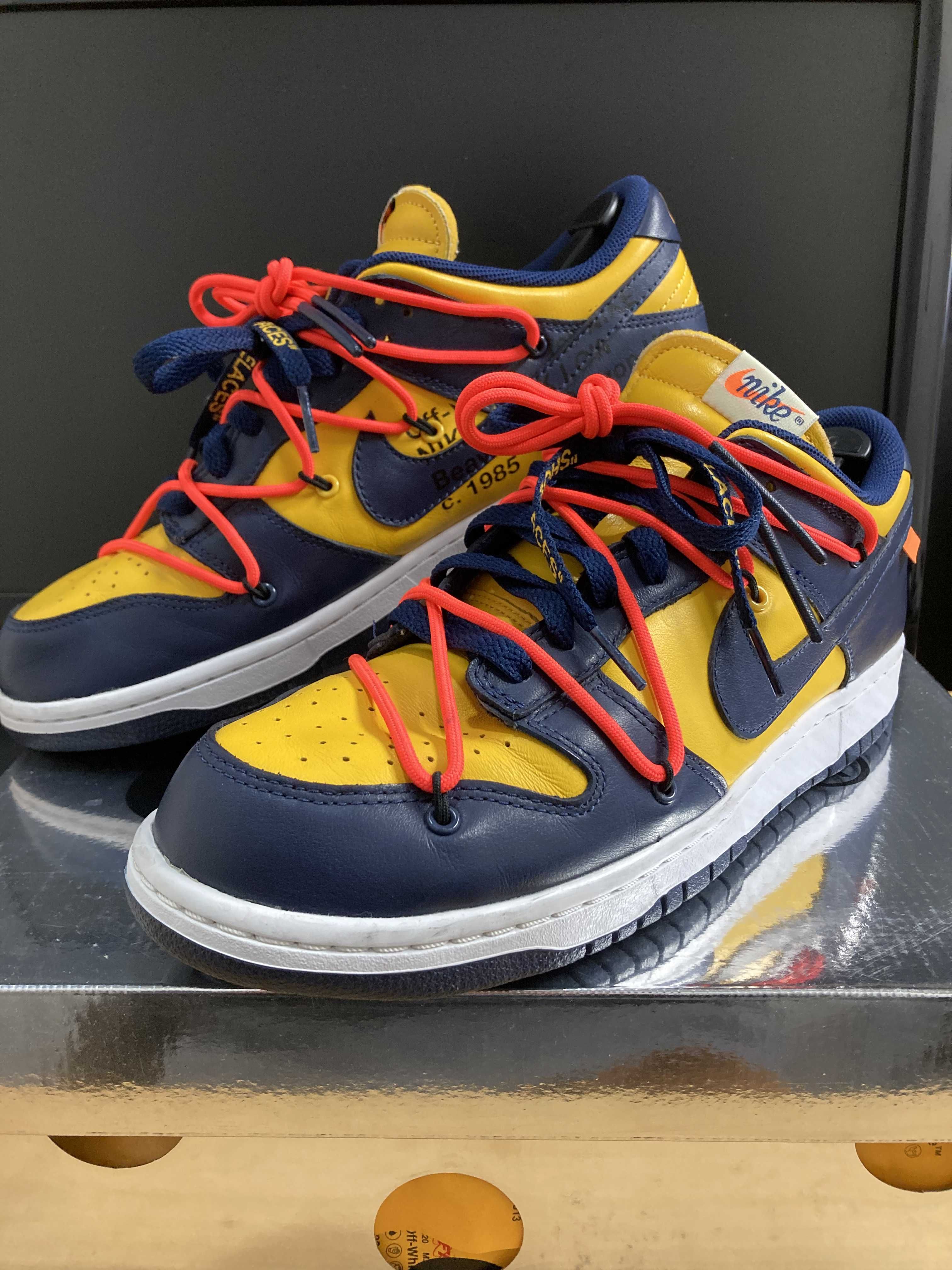 Off-White × Nike Dunk Low LTHR "University Gold/Midnight Navy/White"