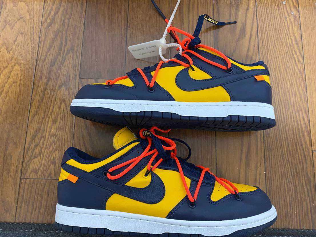 Off-White × Nike Dunk Low LTHR "University Gold/Midnight Navy/White"