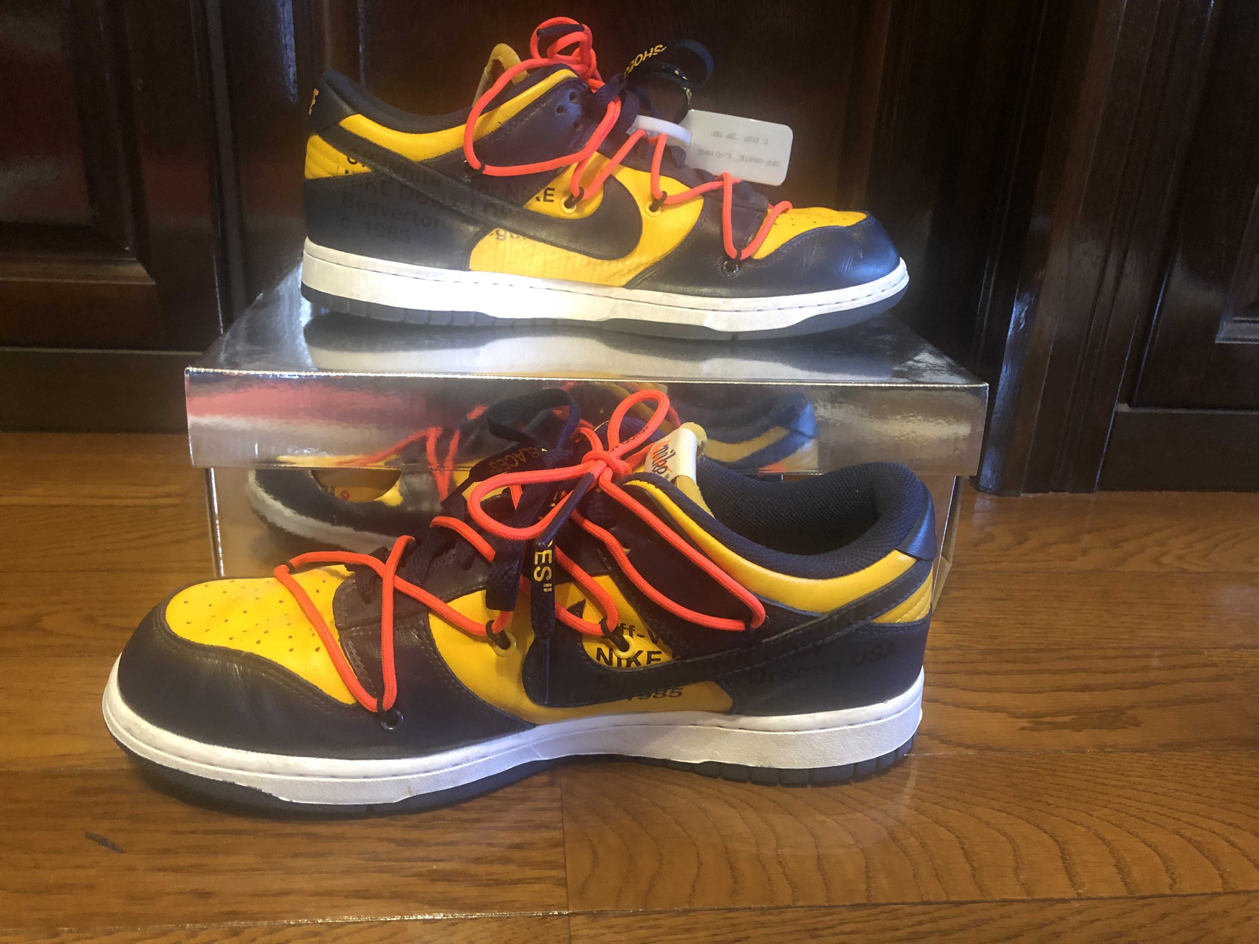 Off-White × Nike Dunk Low LTHR "University Gold/Midnight Navy/White"
