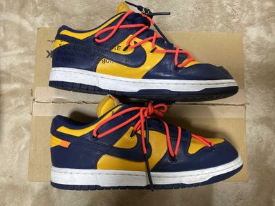 Off-White × Nike Dunk Low LTHR "University Gold/Midnight Navy/White"
