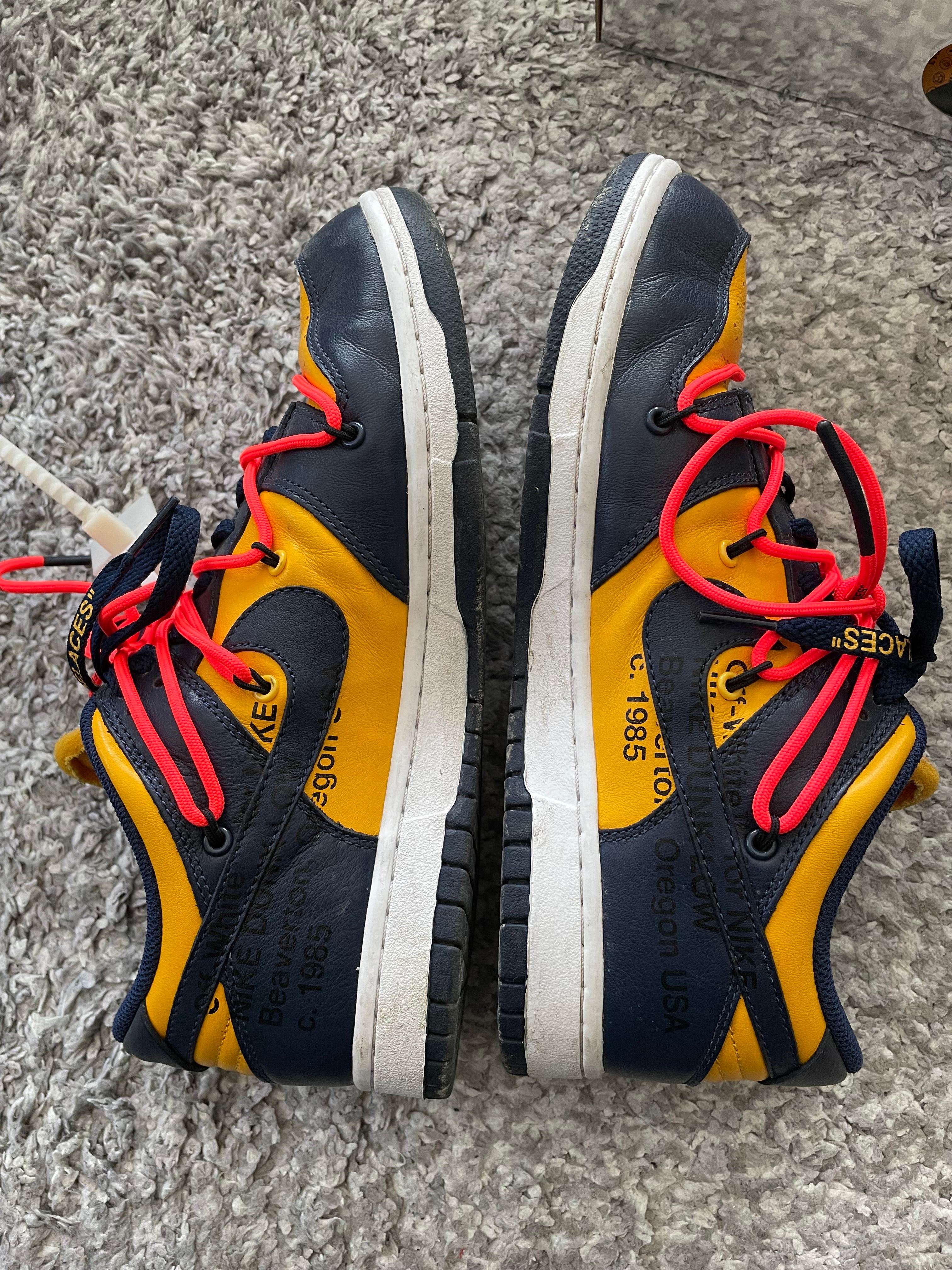 Off-White × Nike Dunk Low  LTHR "University Gold/Midnight Navy/White"