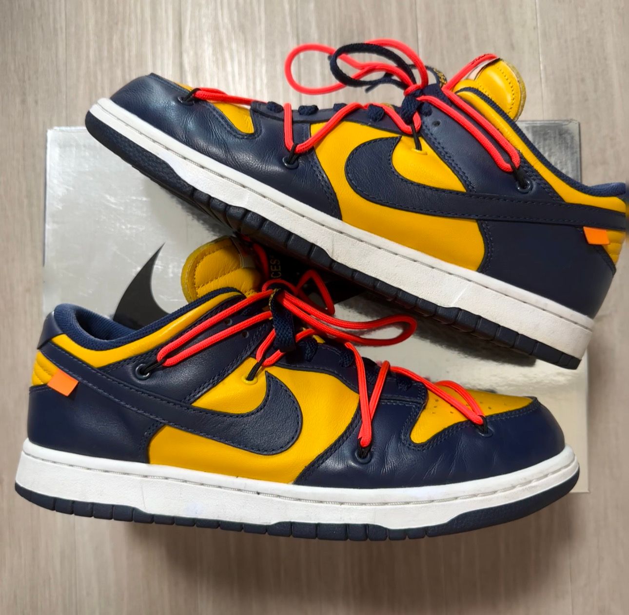 Off-White × Nike Dunk Low LTHR "University Gold/Midnight Navy/White"