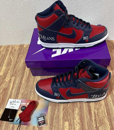 Supreme × Nike SB Dunk High By Any Means "Red/Navy-White"