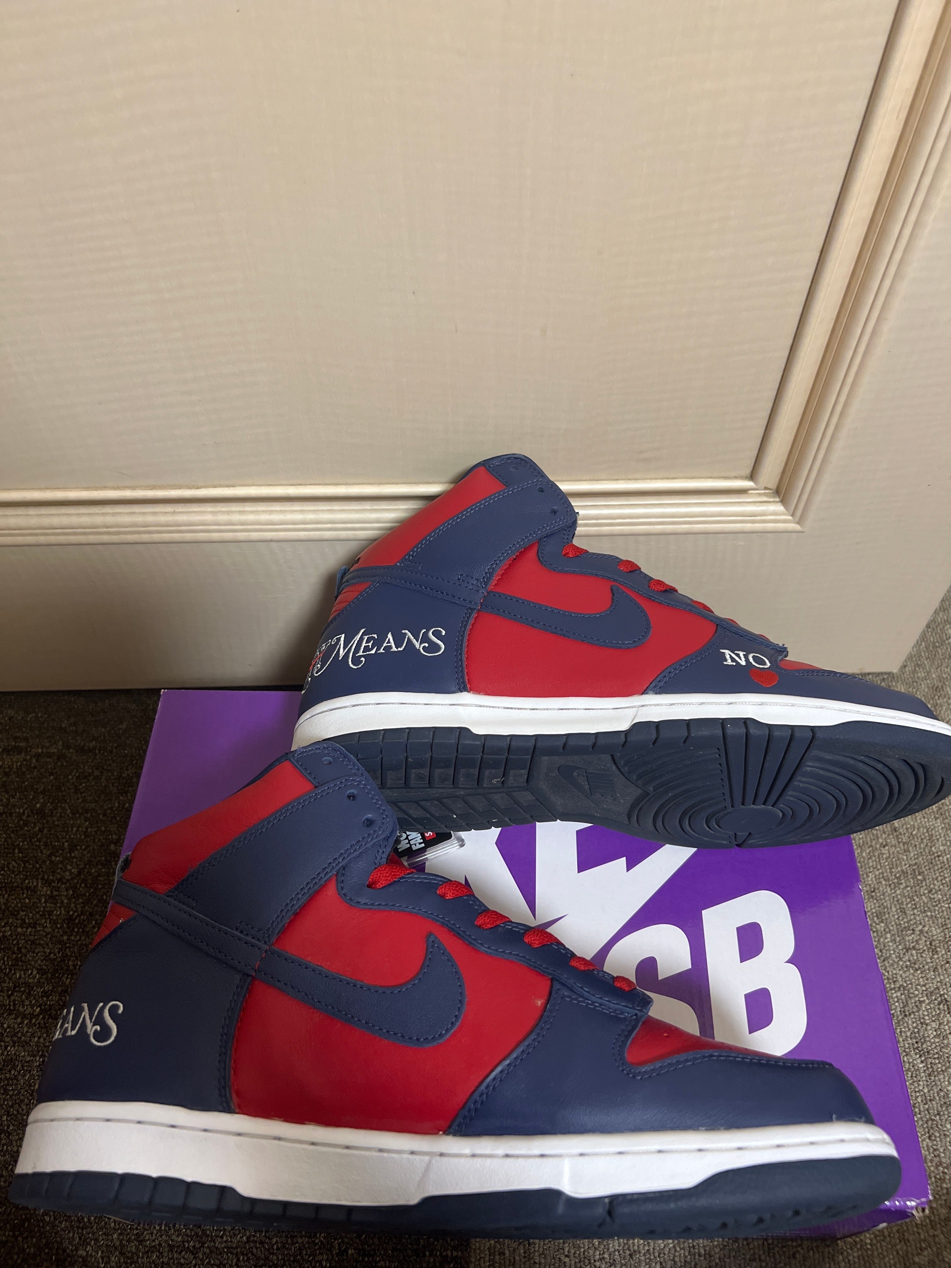 Supreme × Nike SB Dunk High By Any Means "Red/Navy-White"