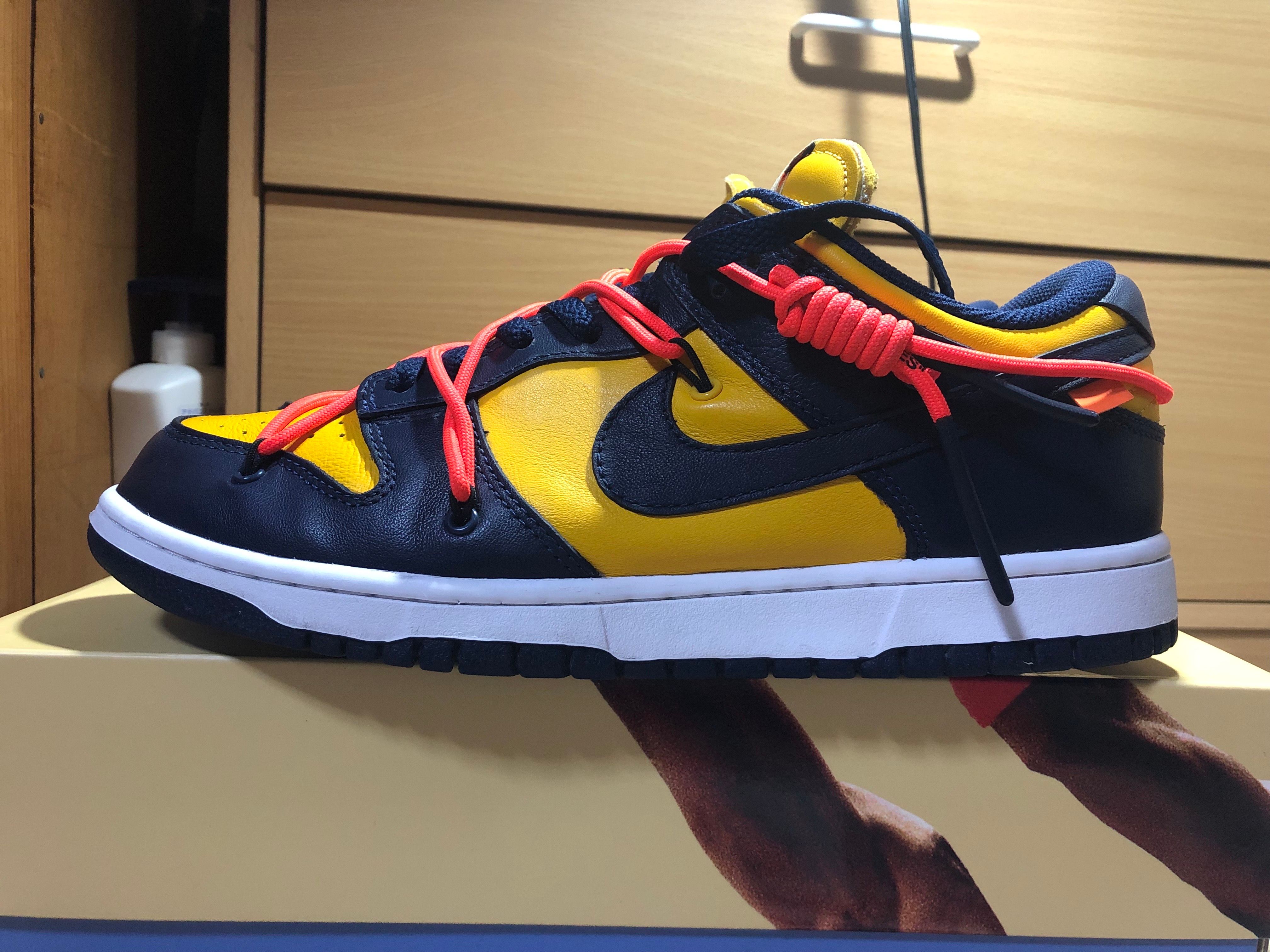 Off-White × Nike Dunk Low LTHR "University Gold/Midnight Navy/White"
