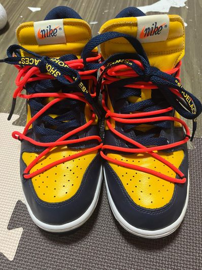 Off-White × Nike Dunk Low LTHR "University Gold/Midnight Navy/White"