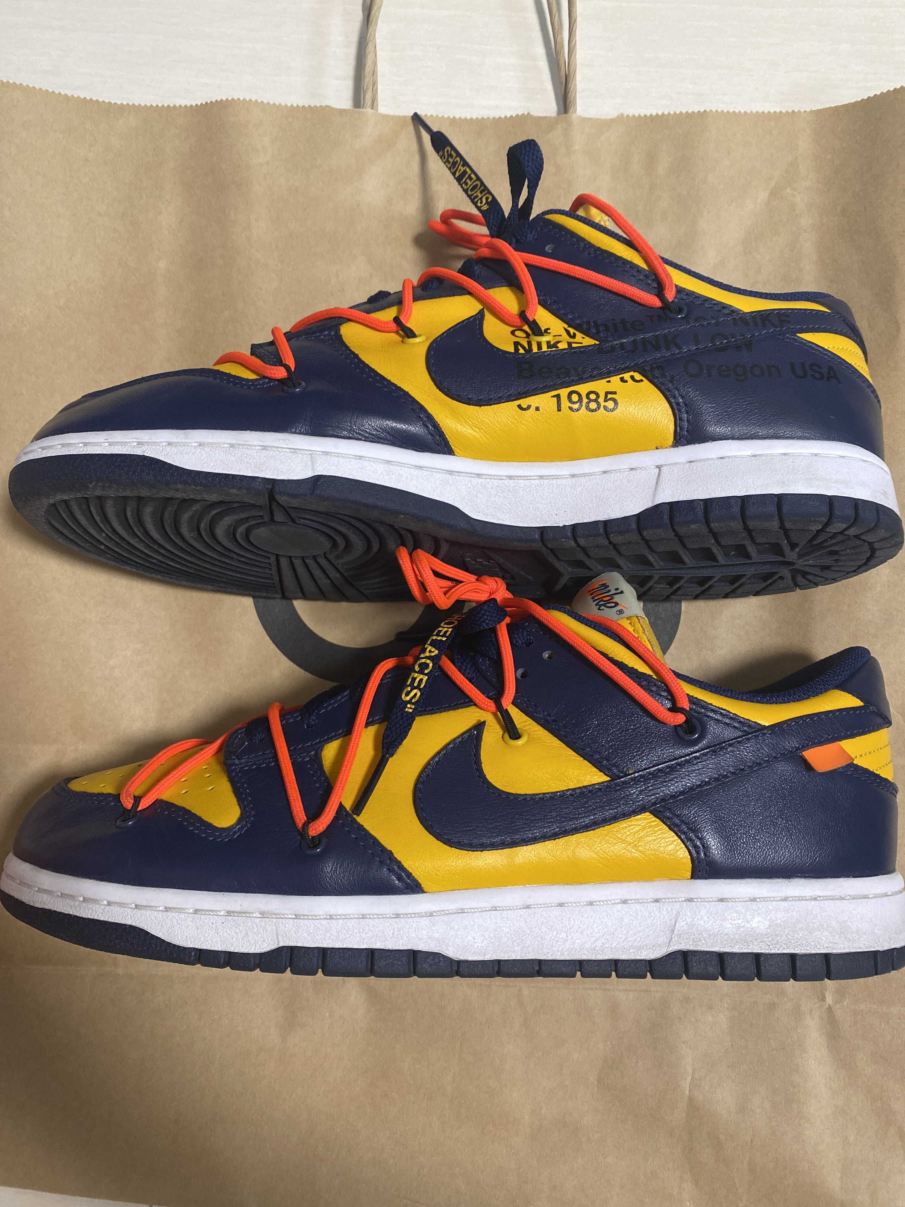 Off-White × Nike Dunk Low LTHR "University Gold/Midnight Navy/White"