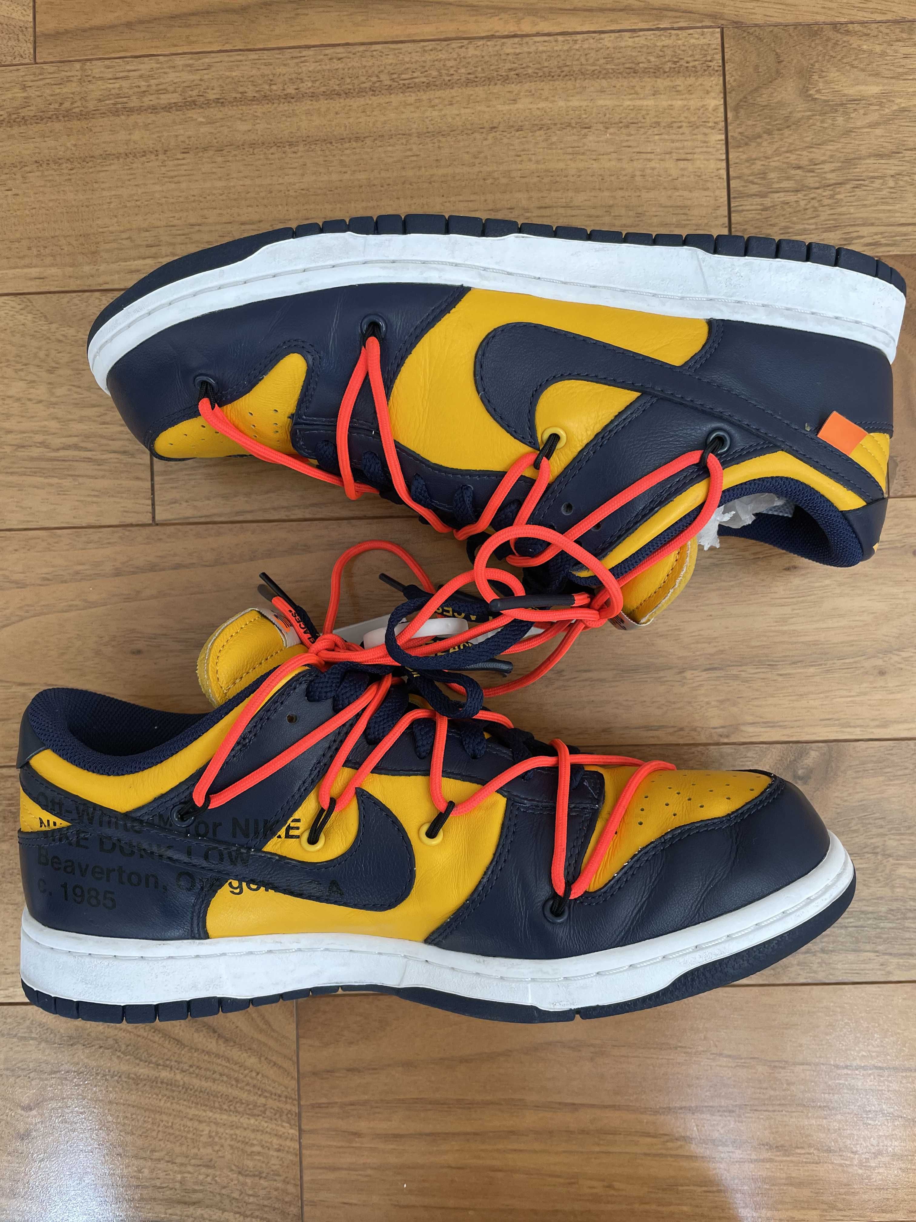 Off-White × Nike Dunk Low  LTHR "University Gold/Midnight Navy/White"