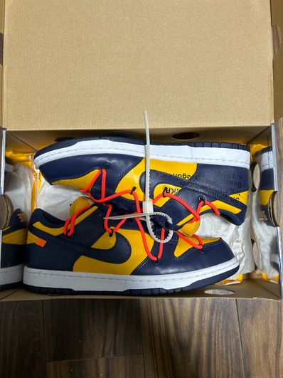 Off-White × Nike Dunk Low LTHR "University Gold/Midnight Navy/White"