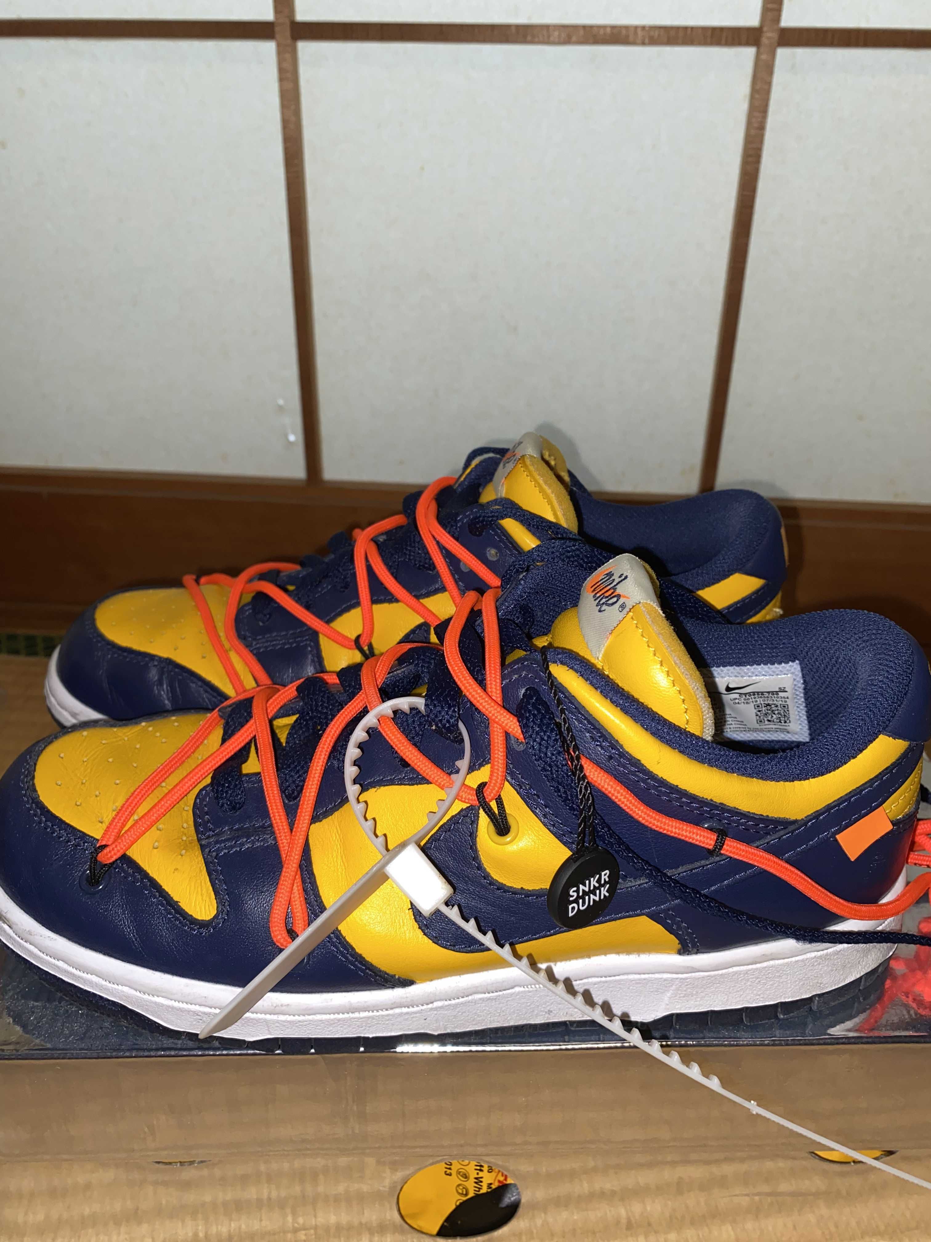 Off-White × Nike Dunk Low  LTHR "University Gold/Midnight Navy/White"