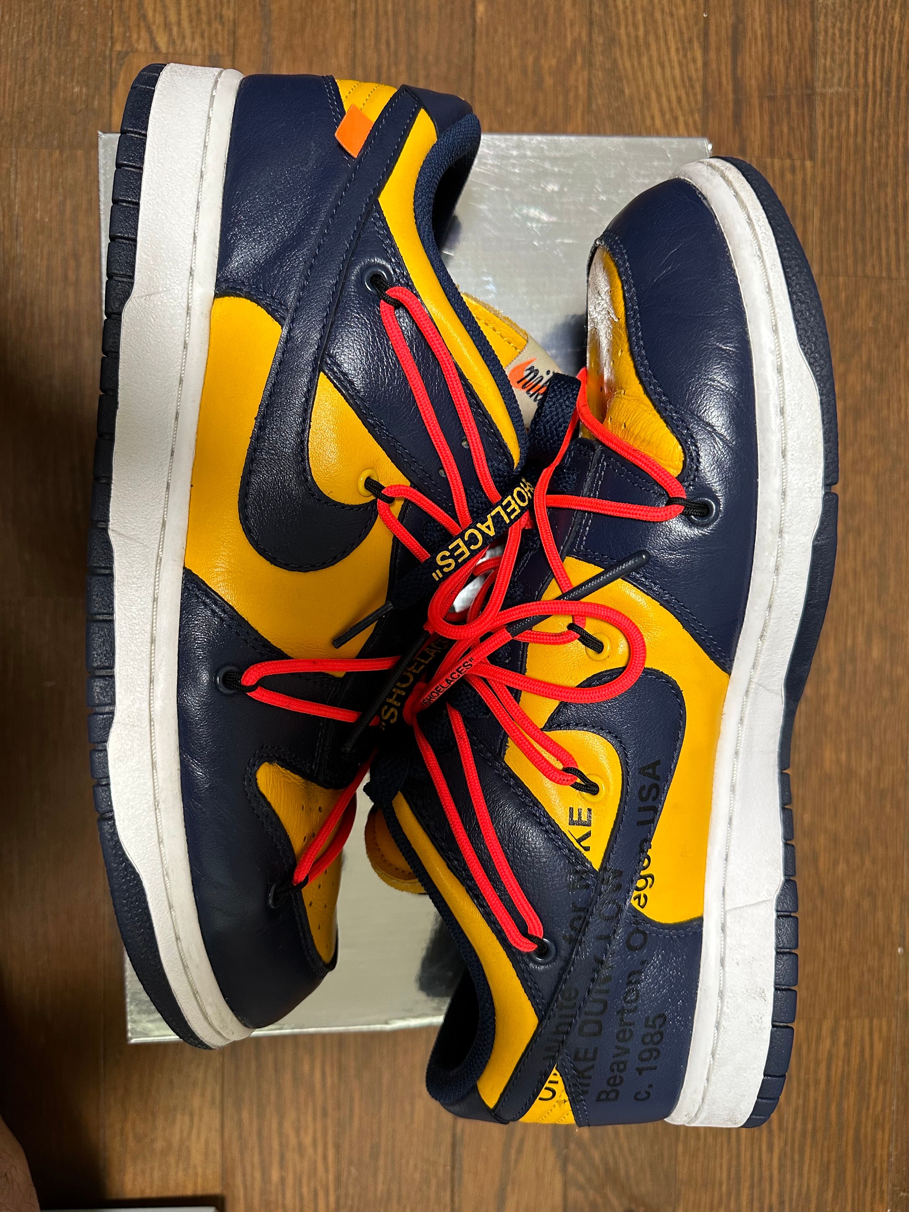 Off-White × Nike Dunk Low  LTHR "University Gold/Midnight Navy/White"