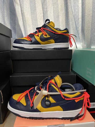 Off-White × Nike Dunk Low LTHR "University Gold/Midnight Navy/White"