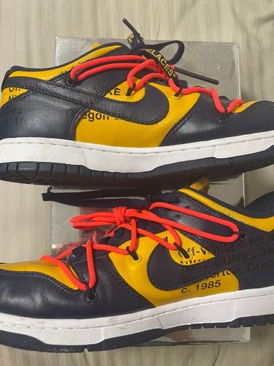 Off-White × Nike Dunk Low LTHR "University Gold/Midnight Navy/White"