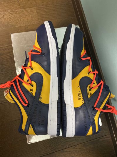 Off-White × Nike Dunk Low LTHR "University Gold/Midnight Navy/White"