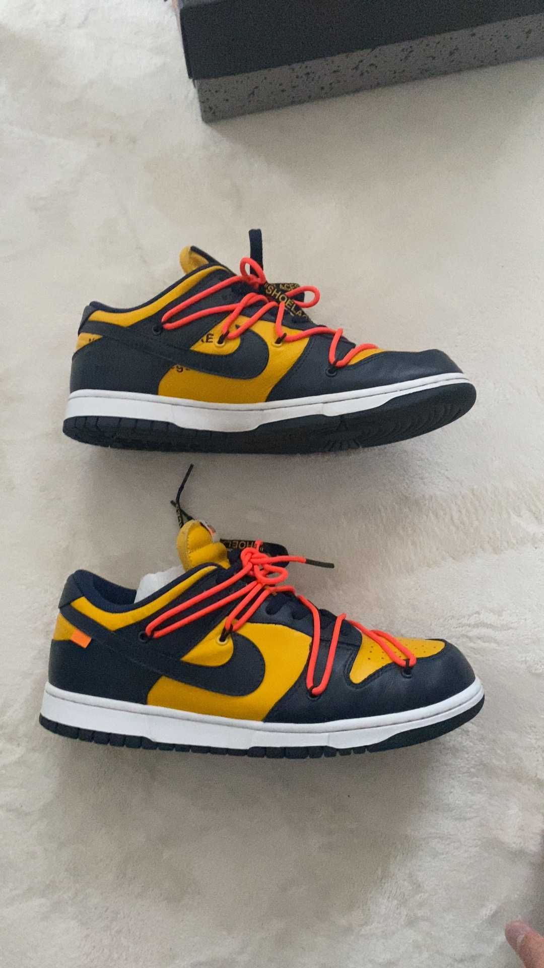 Off-White × Nike Dunk Low  LTHR "University Gold/Midnight Navy/White"