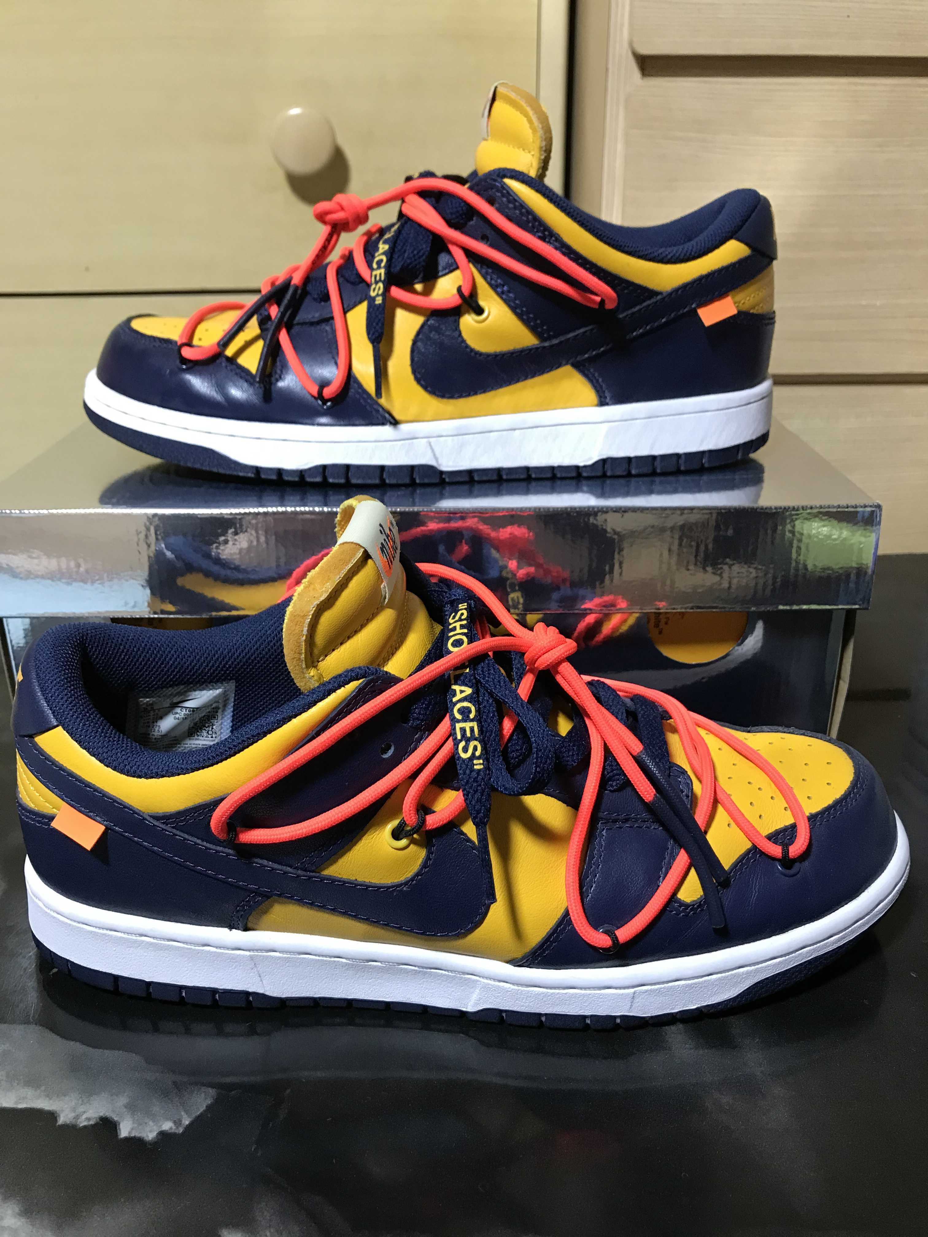 Off-White × Nike Dunk Low  LTHR "University Gold/Midnight Navy/White"