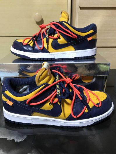 Off-White × Nike Dunk Low LTHR "University Gold/Midnight Navy/White"