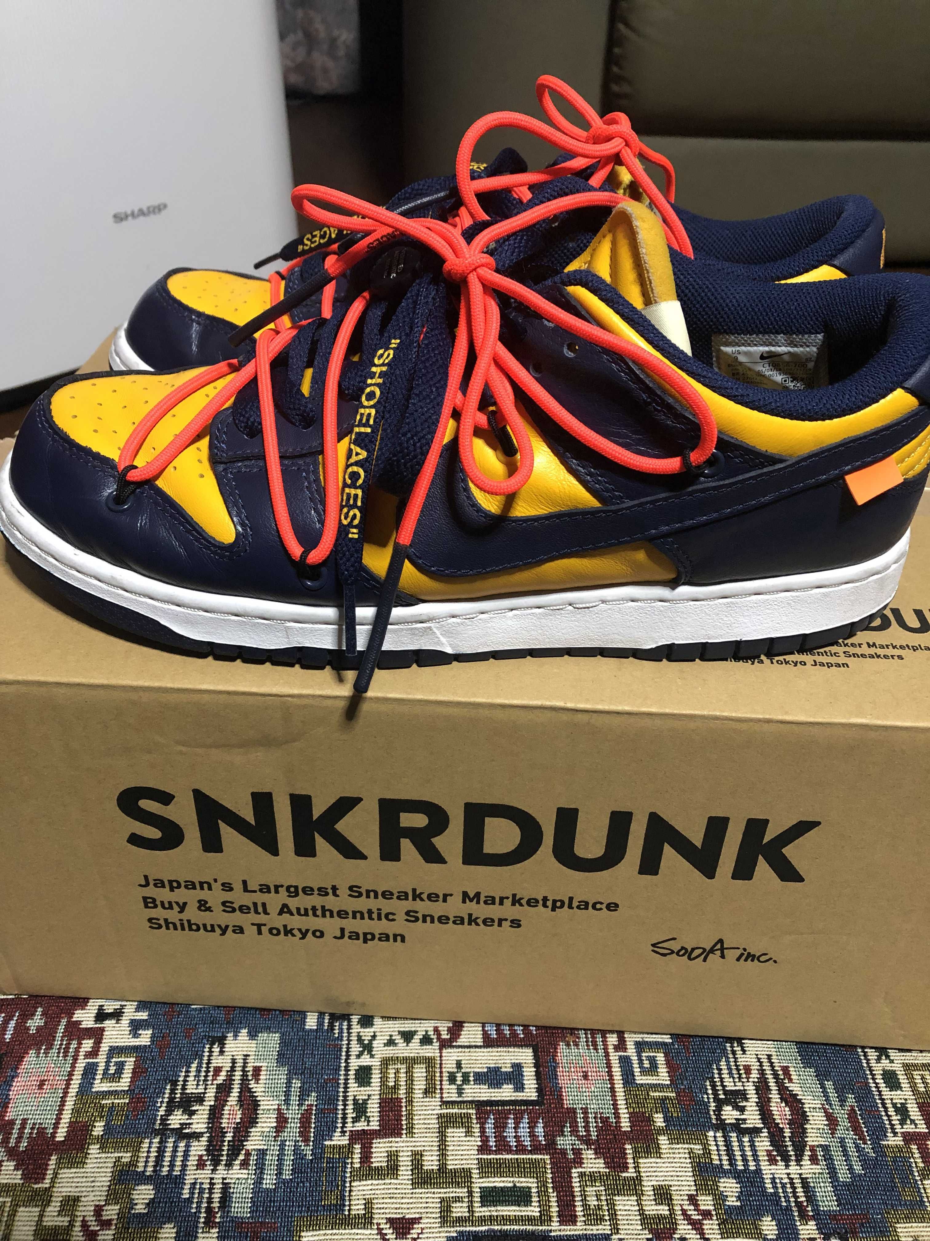 Off-White × Nike Dunk Low LTHR "University Gold/Midnight Navy/White"
