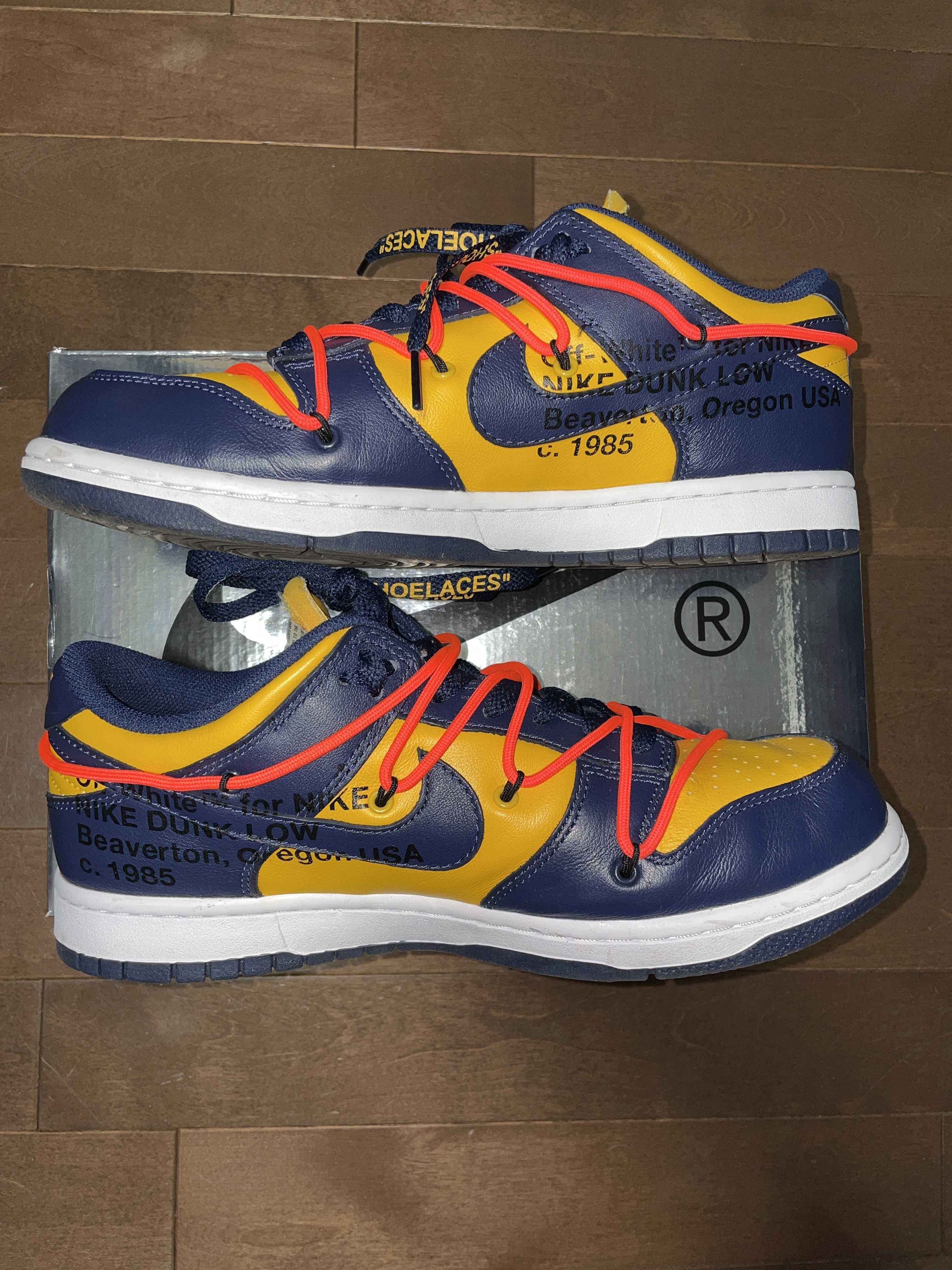 Off-White × Nike Dunk Low  LTHR "University Gold/Midnight Navy/White"