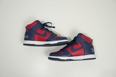 Supreme × Nike SB Dunk High By Any Means "Red/Navy-White"