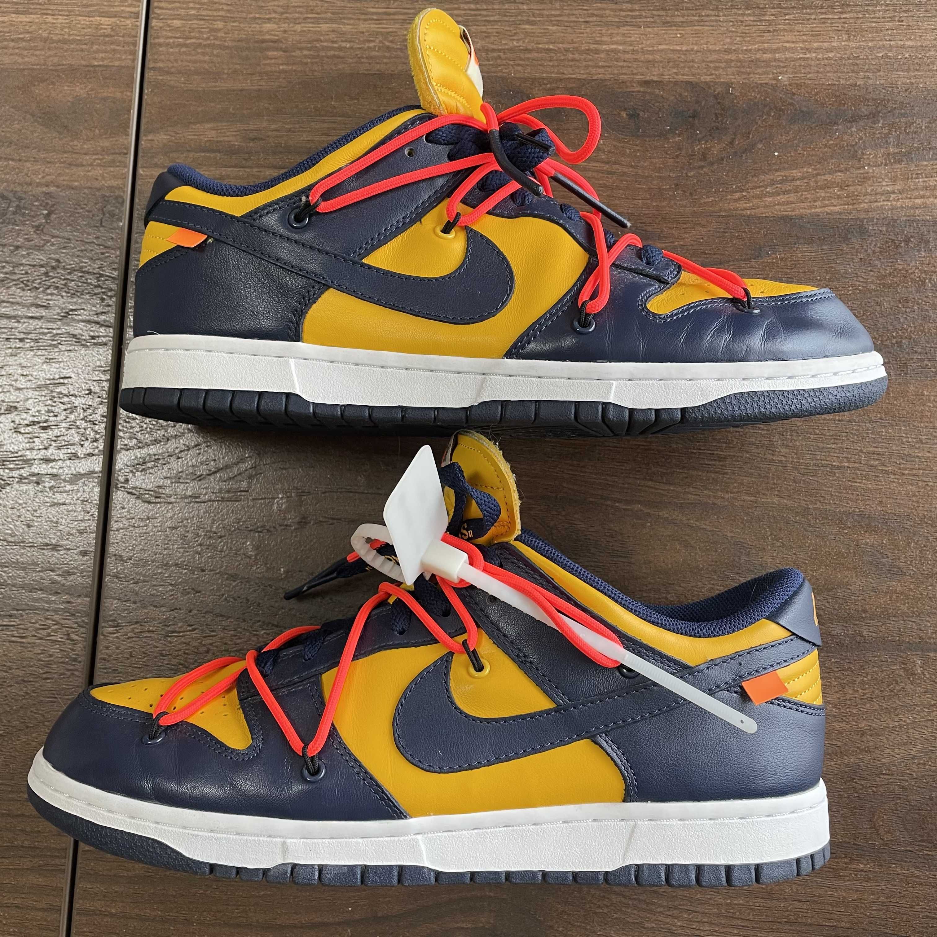 Off-White × Nike Dunk Low  LTHR "University Gold/Midnight Navy/White"