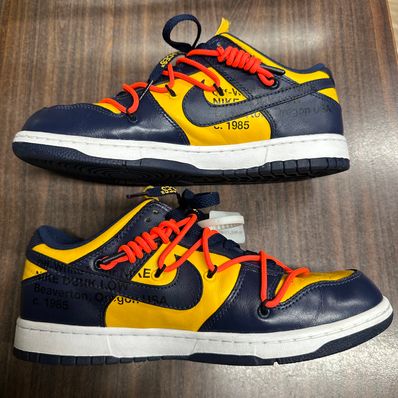 Off-White × Nike Dunk Low LTHR "University Gold/Midnight Navy/White"