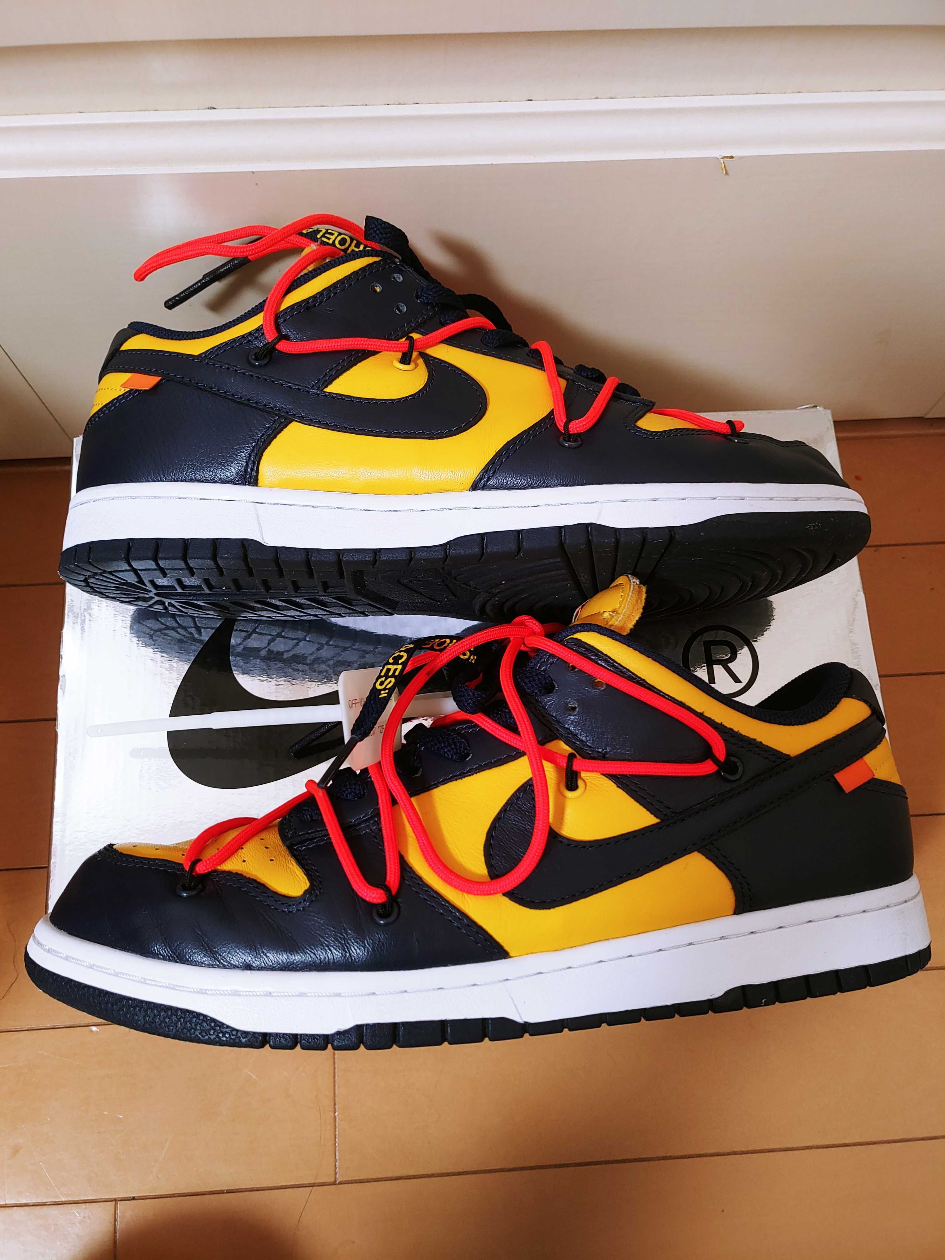Off-White × Nike Dunk Low  LTHR "University Gold/Midnight Navy/White"