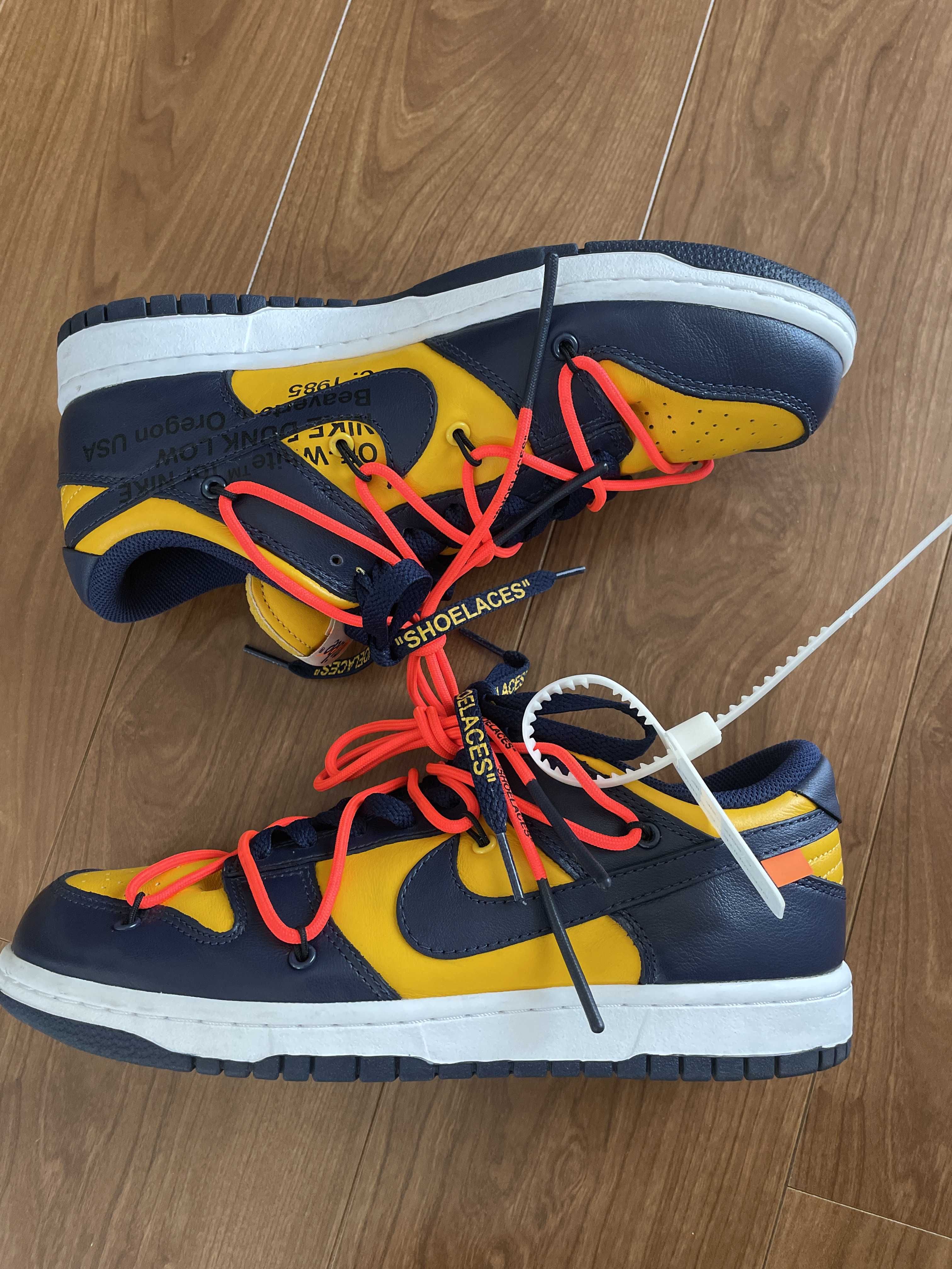 Off-White × Nike Dunk Low LTHR "University Gold/Midnight Navy/White"