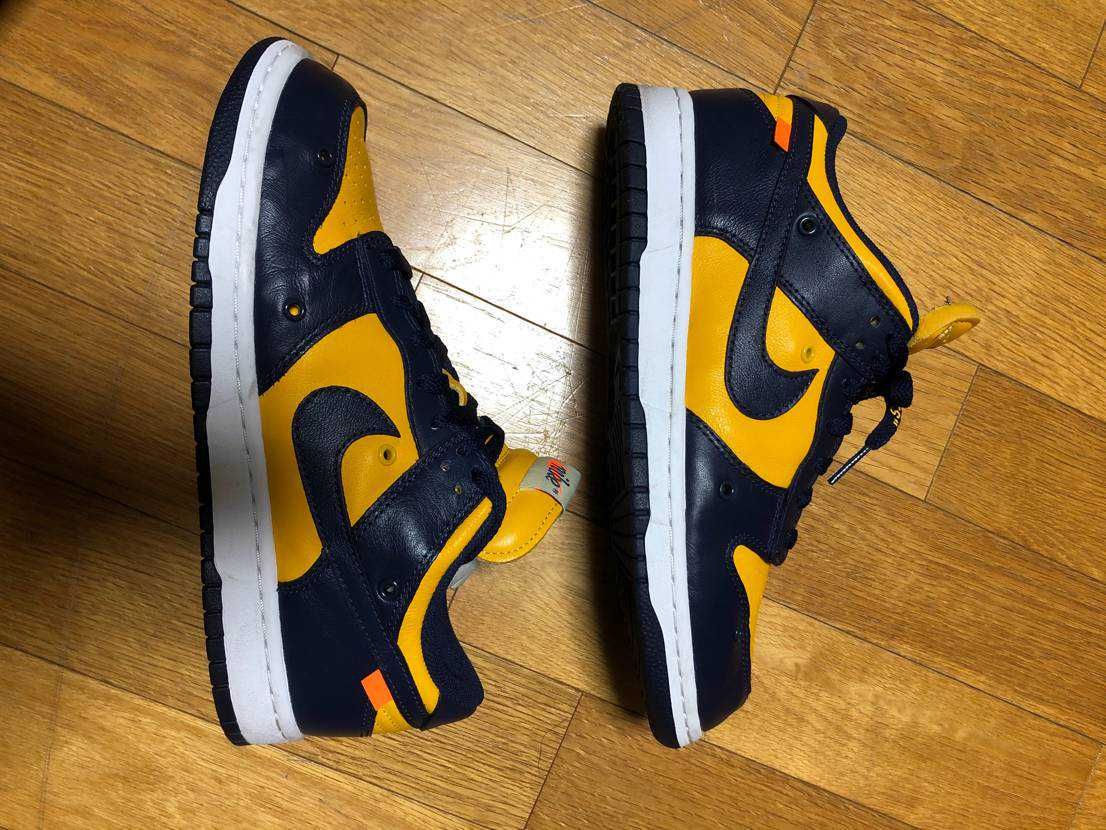 Off-White × Nike Dunk Low  LTHR "University Gold/Midnight Navy/White"