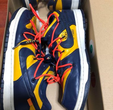 Off-White × Nike Dunk Low LTHR "University Gold/Midnight Navy/White"