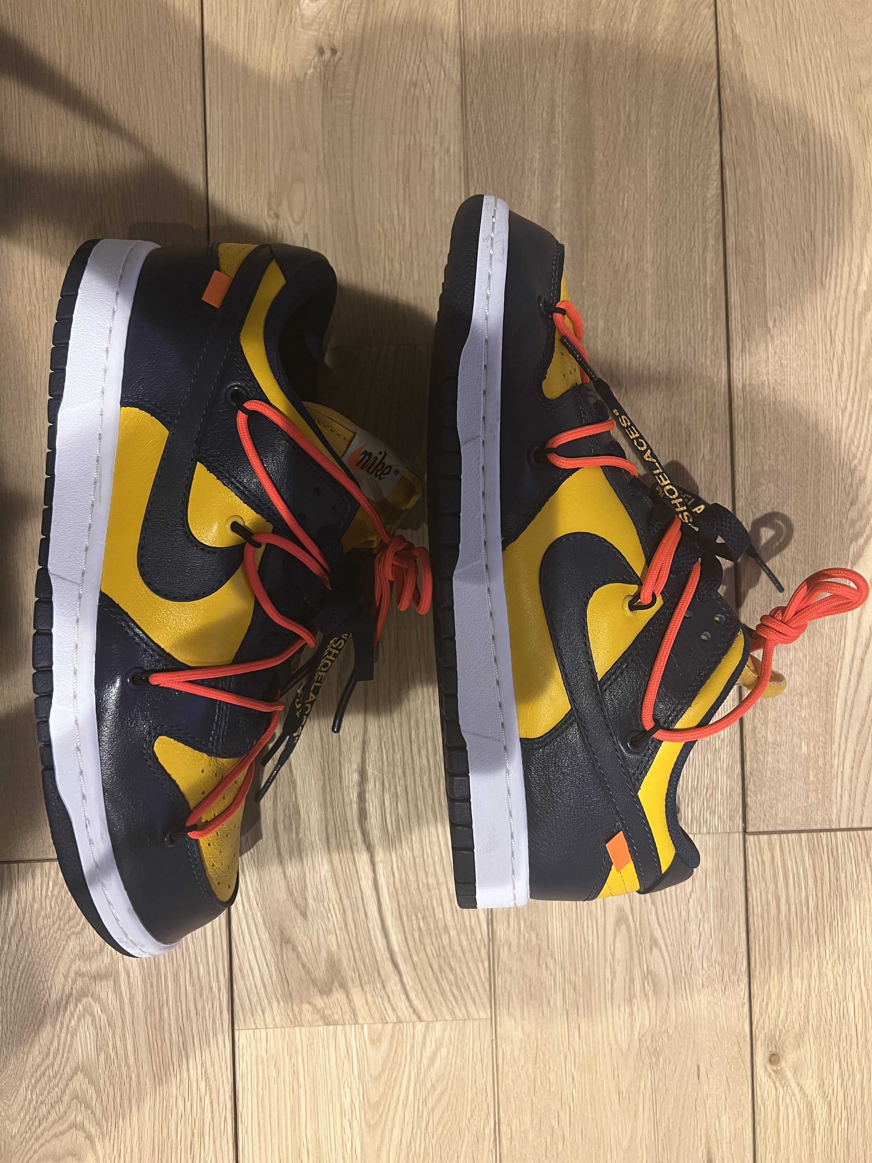 Off-White × Nike Dunk Low LTHR "University Gold/Midnight Navy/White"