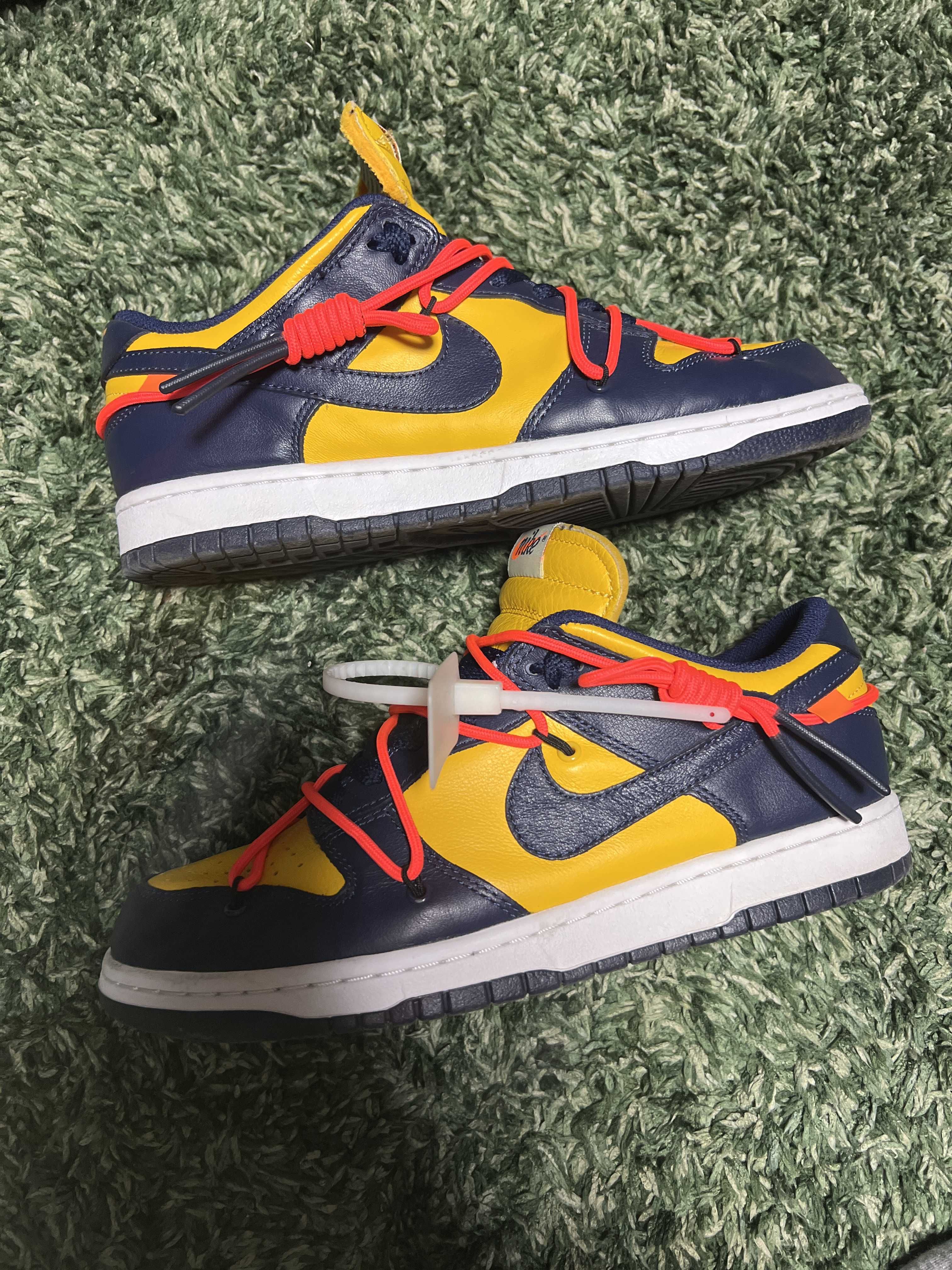 Off-White × Nike Dunk Low LTHR "University Gold/Midnight Navy/White"