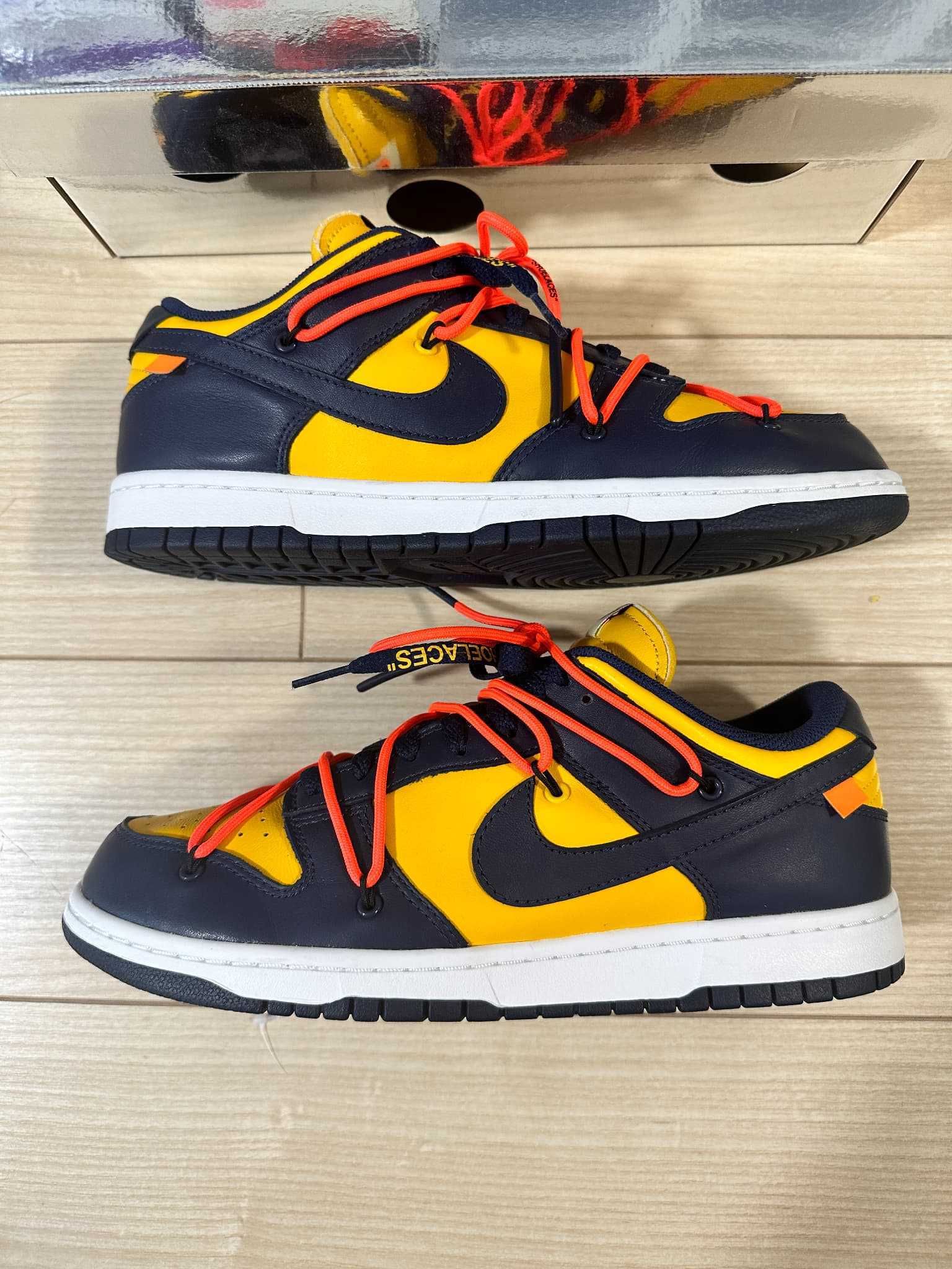Off-White × Nike Dunk Low LTHR "University Gold/Midnight Navy/White"