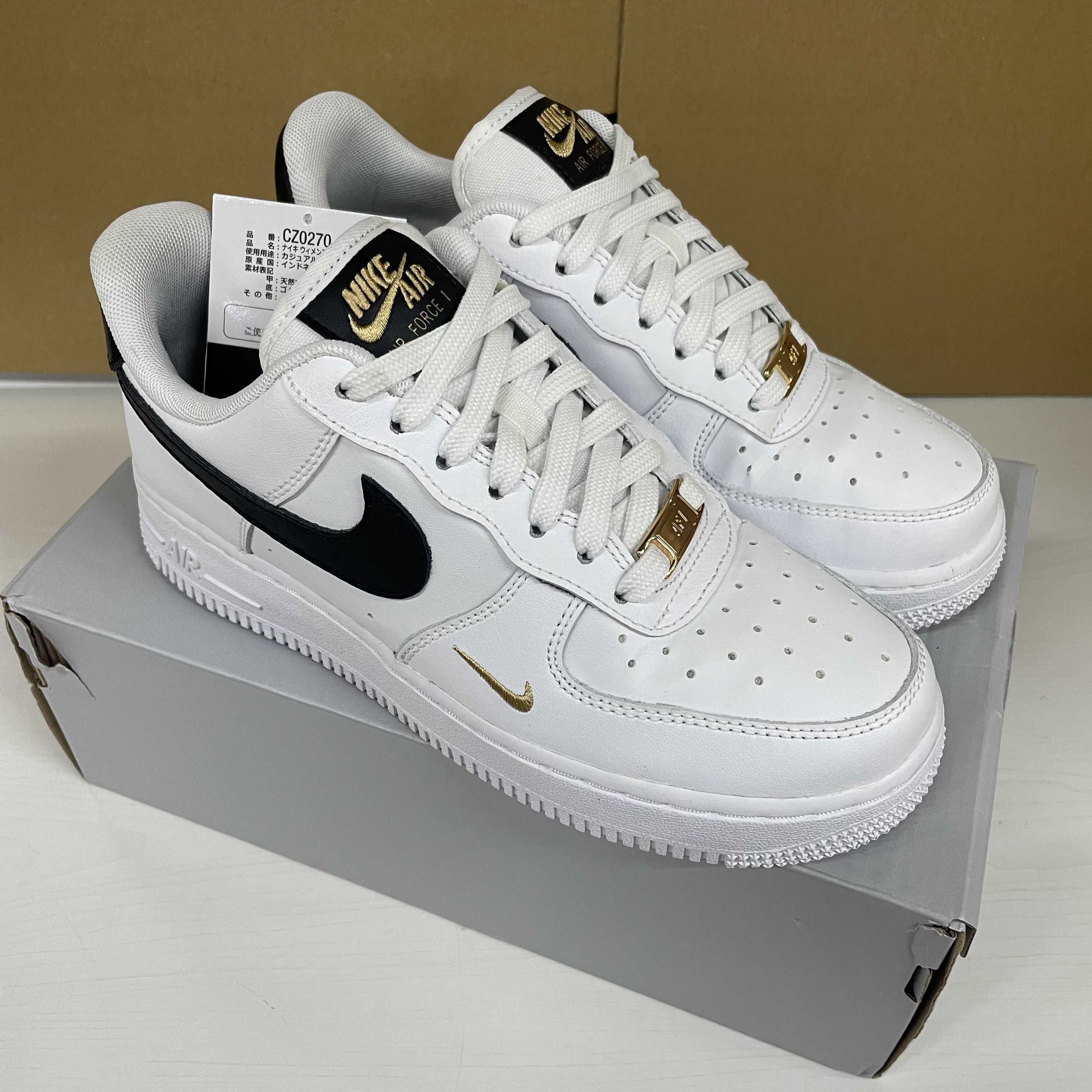 Nike Women's Air Force 1 Low 07 Essential "White/Black/Gold Mini Swoosh"