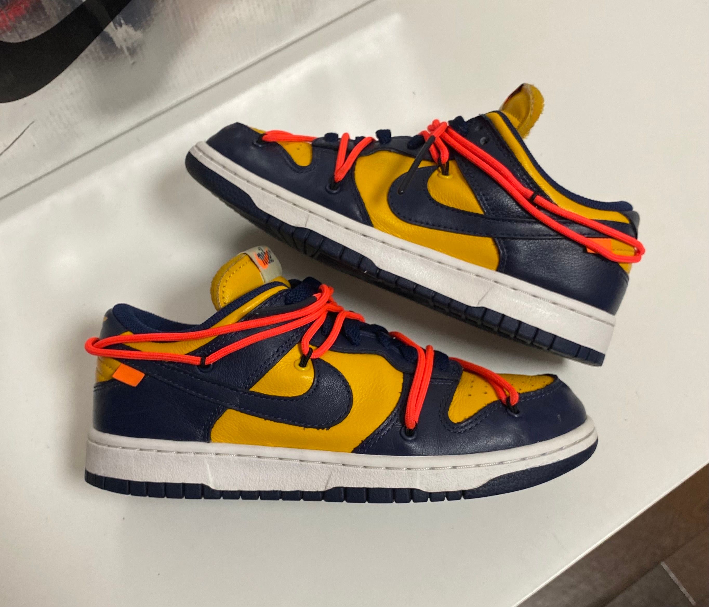 Off-White × Nike Dunk Low  LTHR "University Gold/Midnight Navy/White"