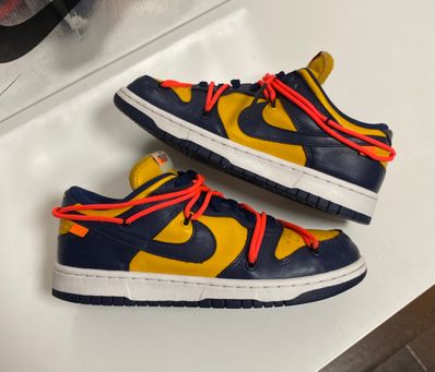 Off-White × Nike Dunk Low LTHR "University Gold/Midnight Navy/White"