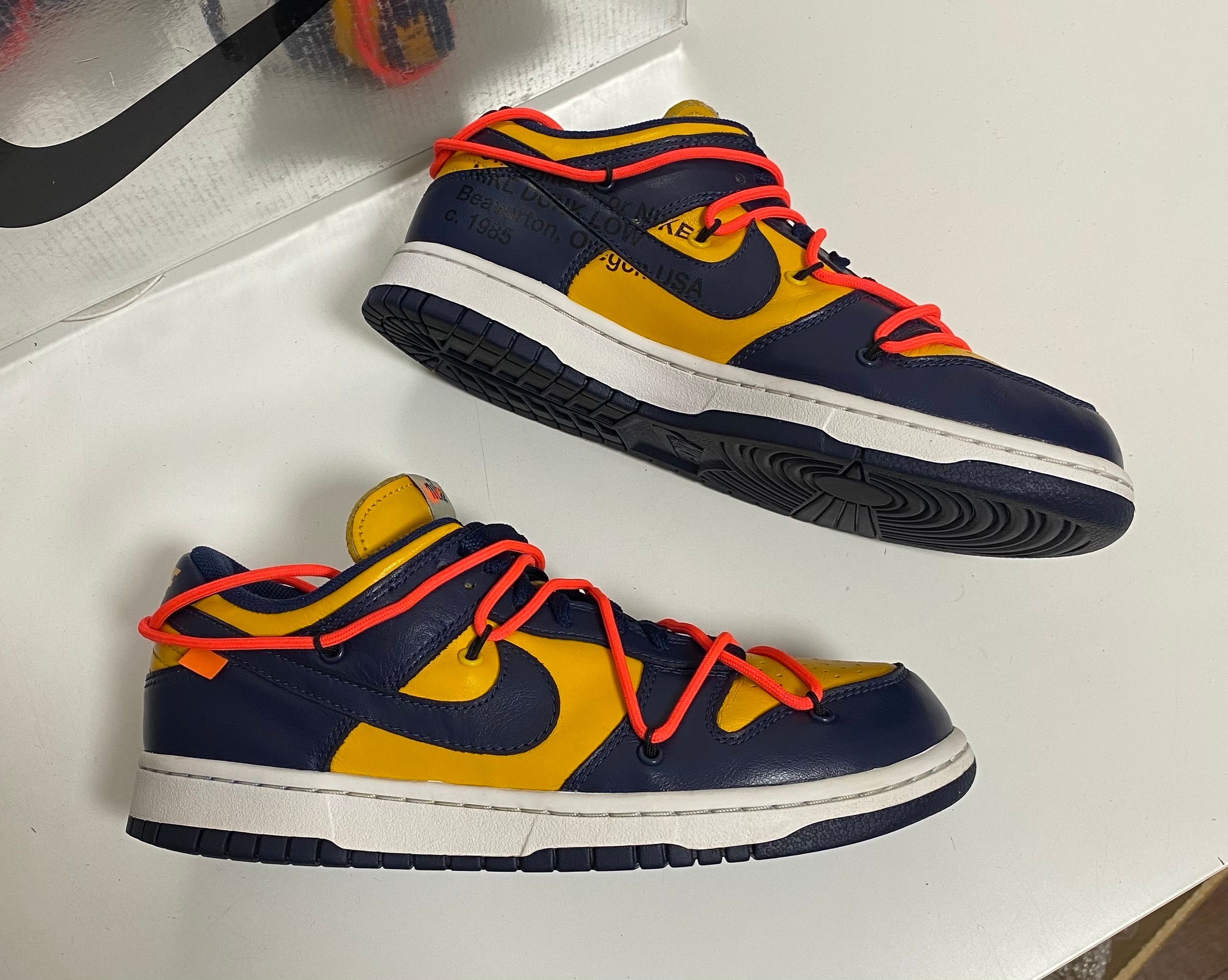 Off-White × Nike Dunk Low  LTHR "University Gold/Midnight Navy/White"
