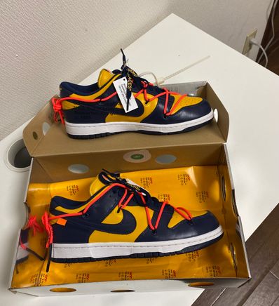 Off-White × Nike Dunk Low LTHR "University Gold/Midnight Navy/White"