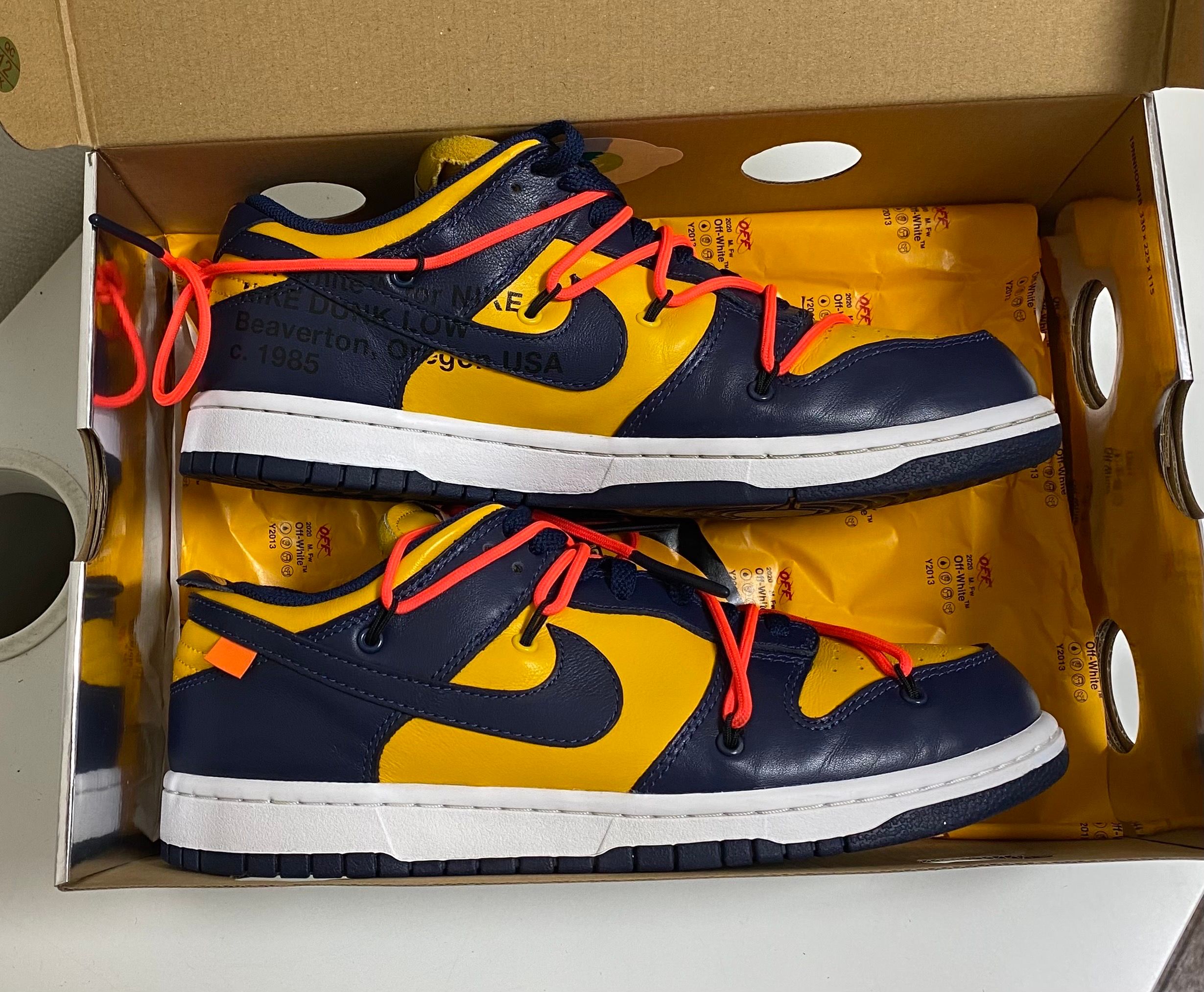 Off-White × Nike Dunk Low  LTHR "University Gold/Midnight Navy/White"