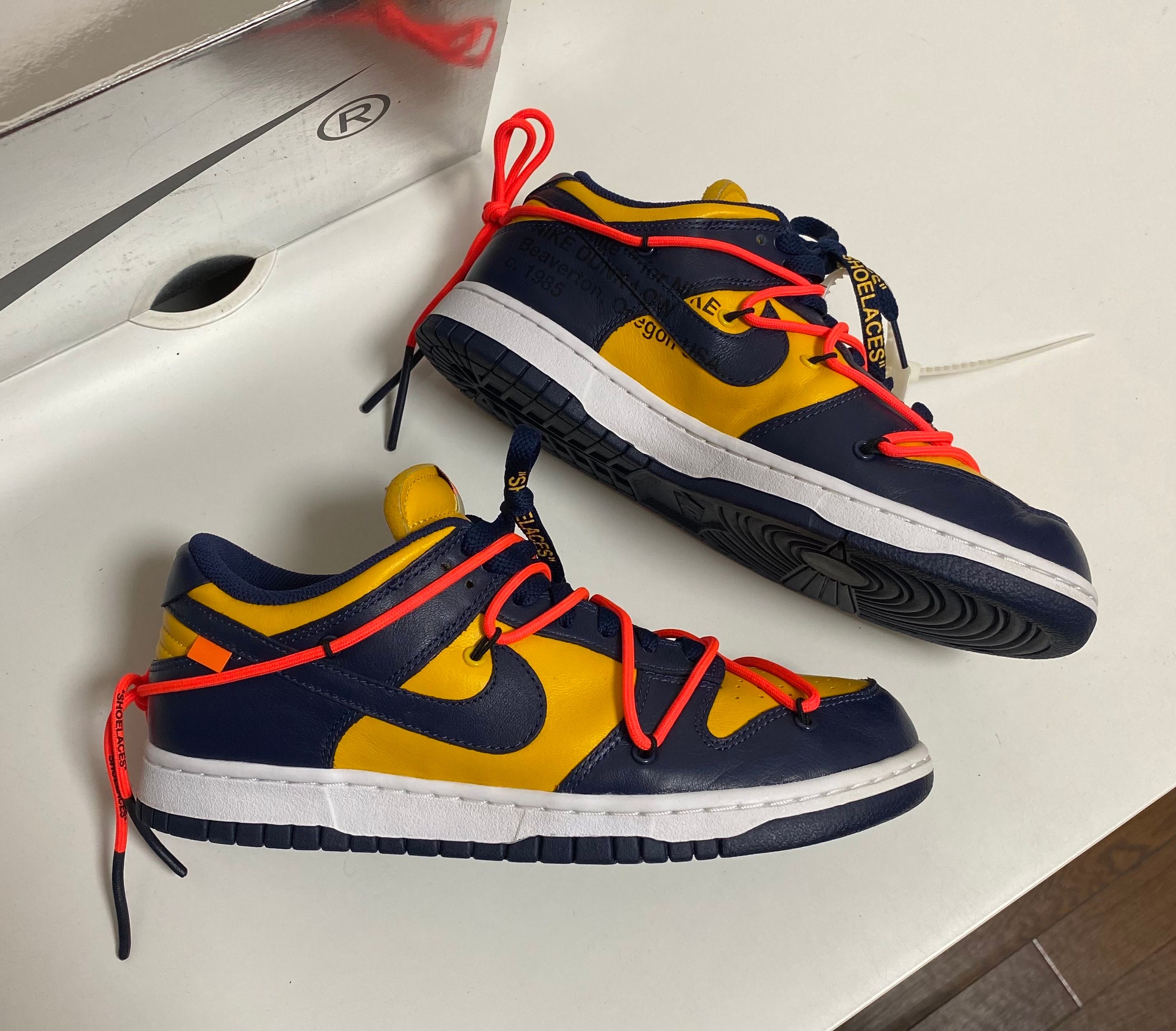 Off-White × Nike Dunk Low LTHR "University Gold/Midnight Navy/White"