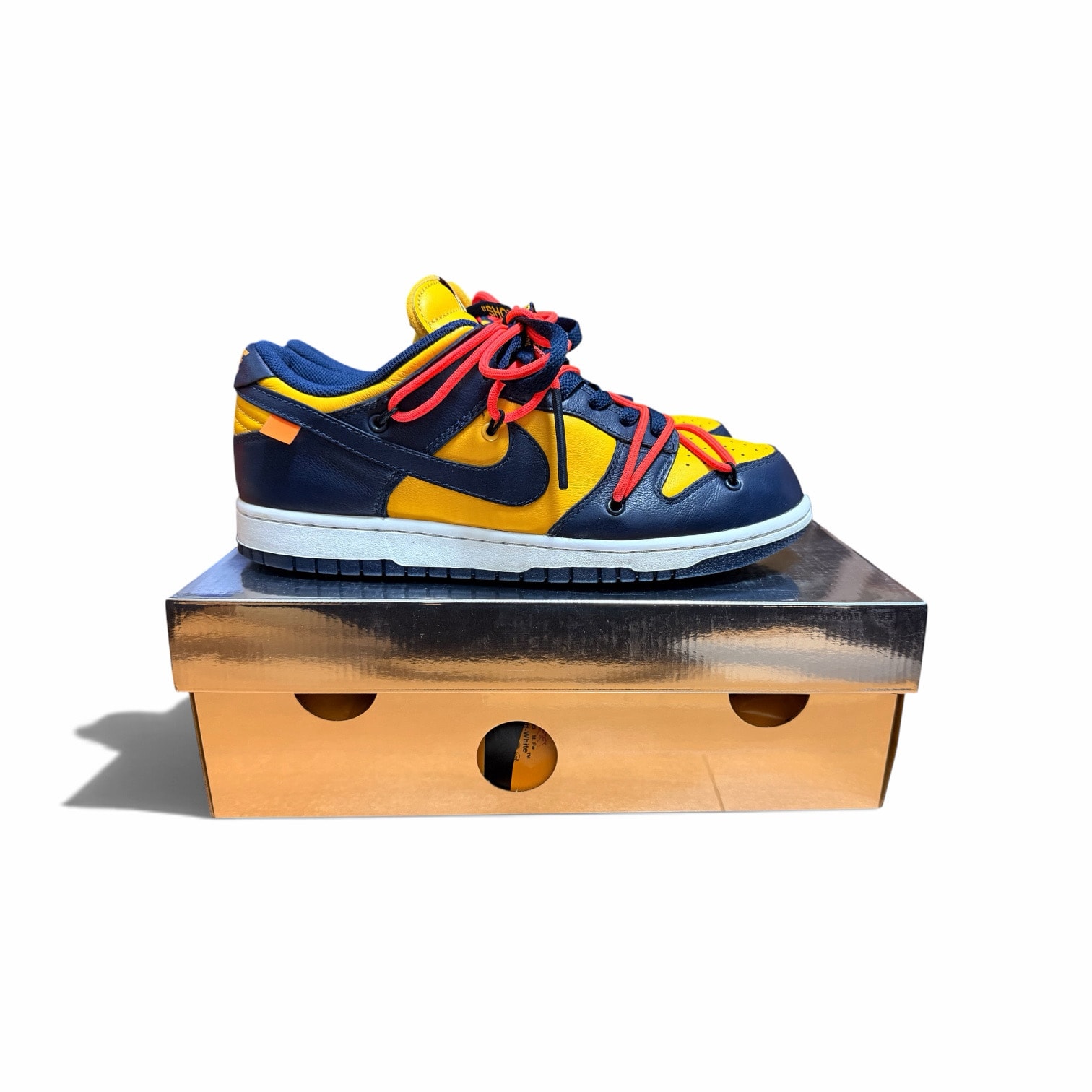 Off-White × Nike Dunk Low  LTHR "University Gold/Midnight Navy/White"
