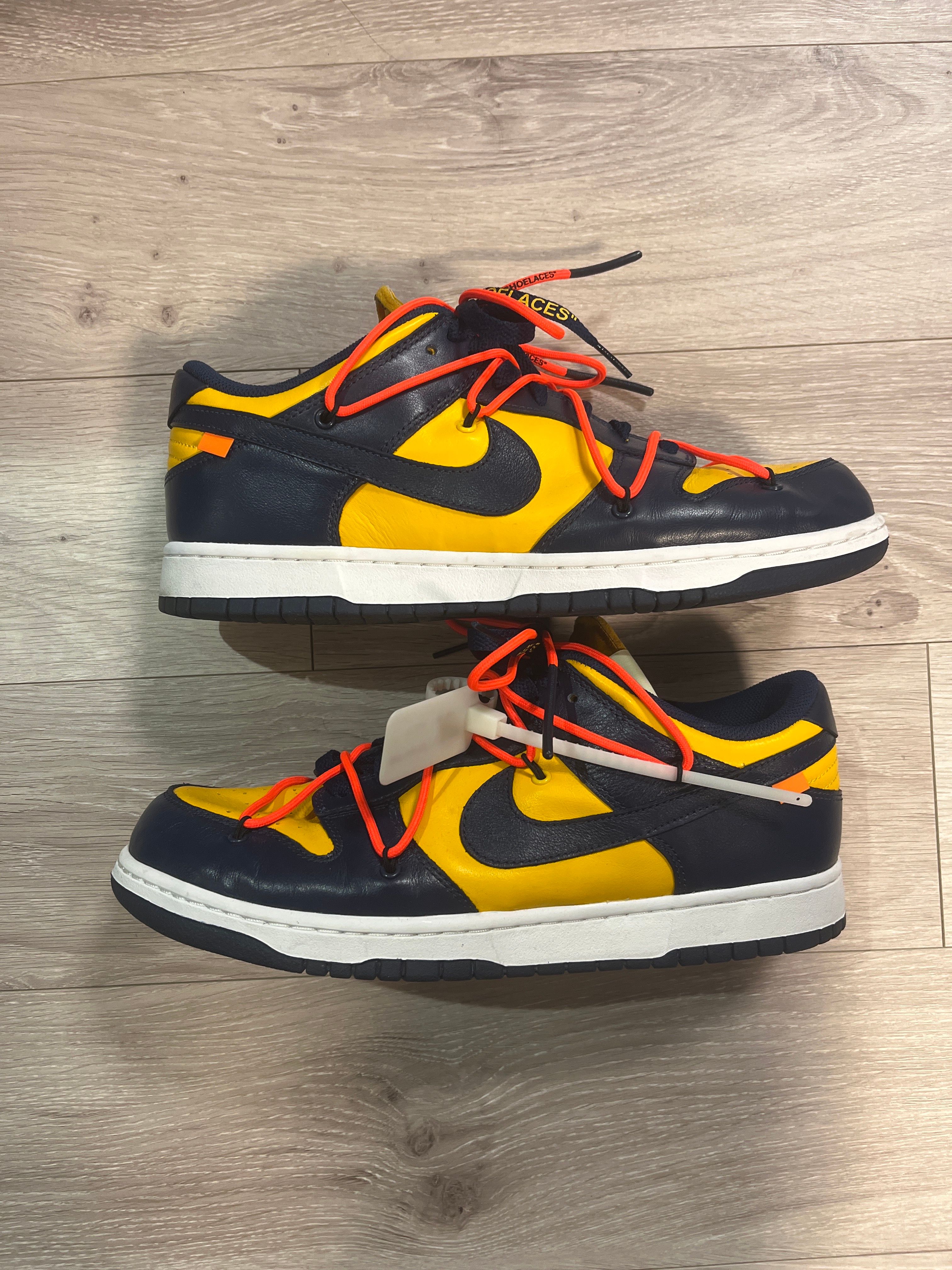 Off-White × Nike Dunk Low LTHR "University Gold/Midnight Navy/White"