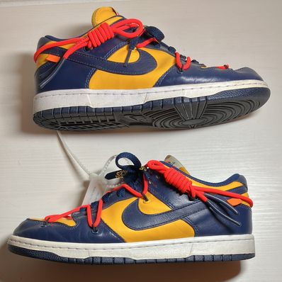 Off-White × Nike Dunk Low LTHR "University Gold/Midnight Navy/White"