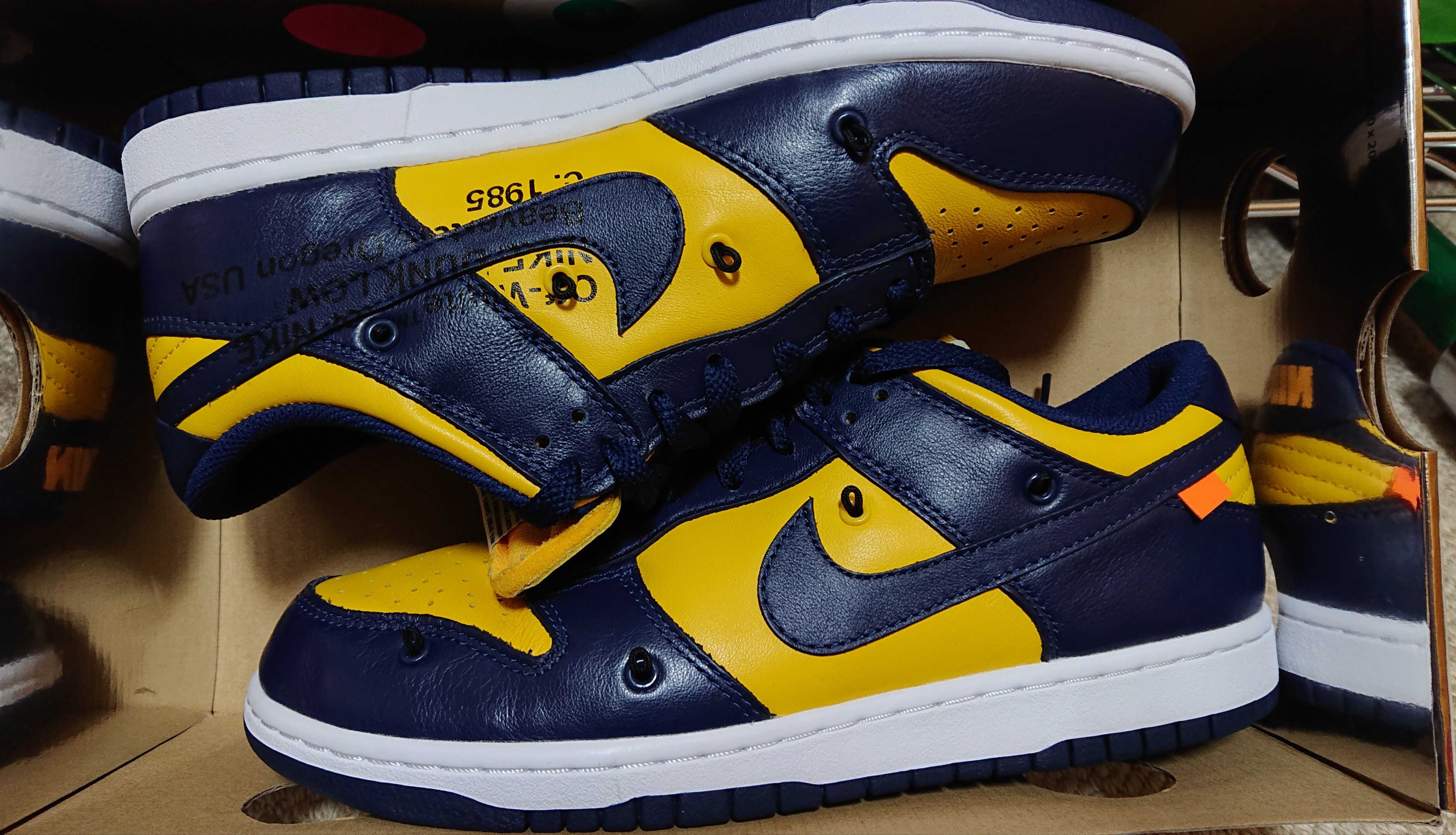 Off-White × Nike Dunk Low LTHR "University Gold/Midnight Navy/White"