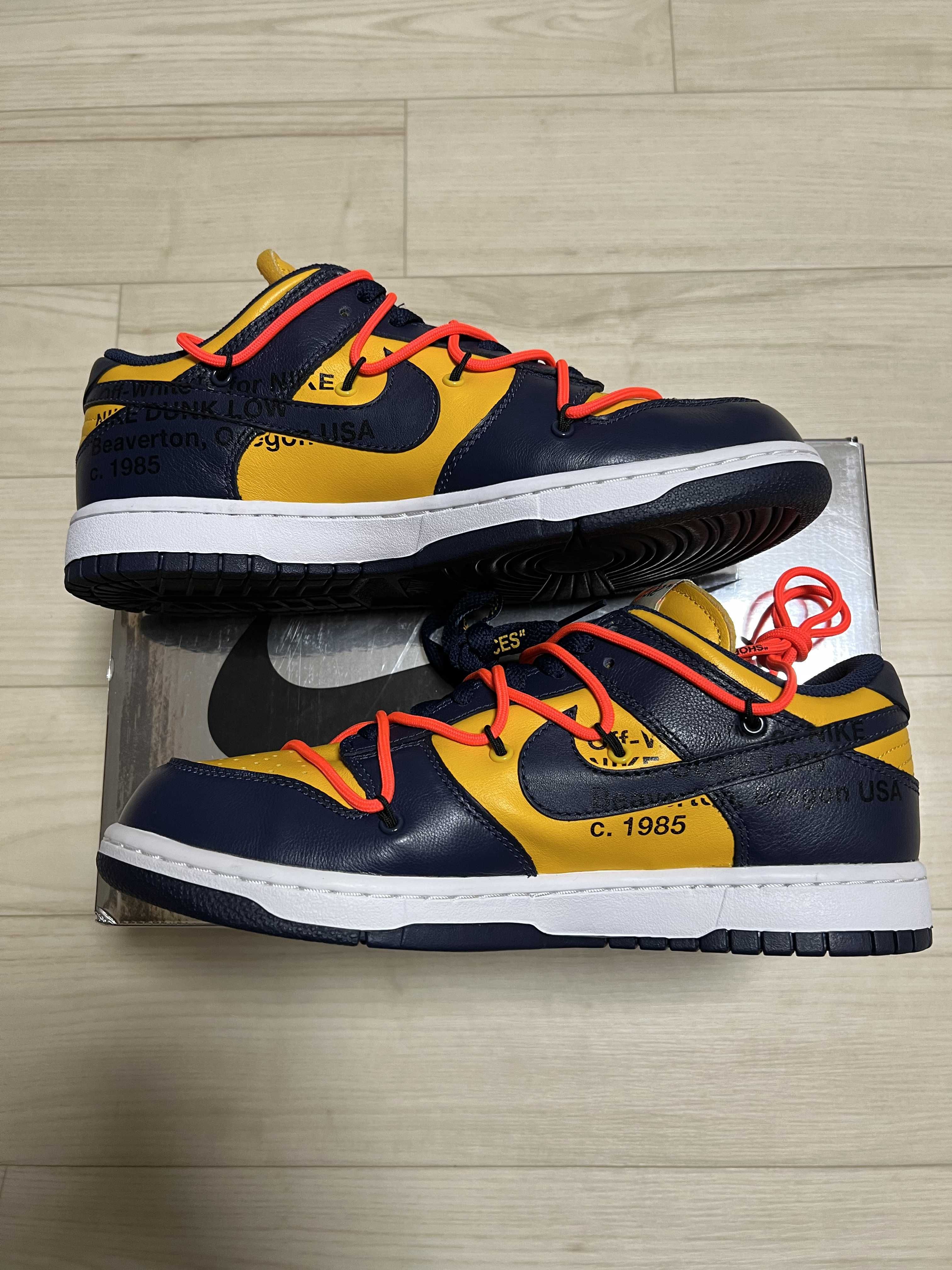 Off-White × Nike Dunk Low  LTHR "University Gold/Midnight Navy/White"