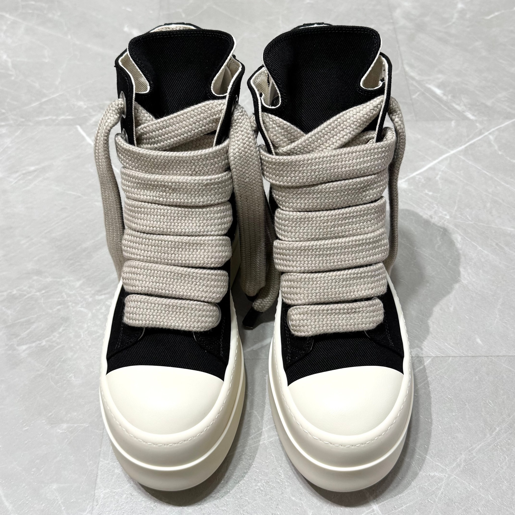 Rick Owens DRKSHDW SS26 Mega Bumper Jumbolace Sneaks 13oz Overdyed Denim "Black/Milk"