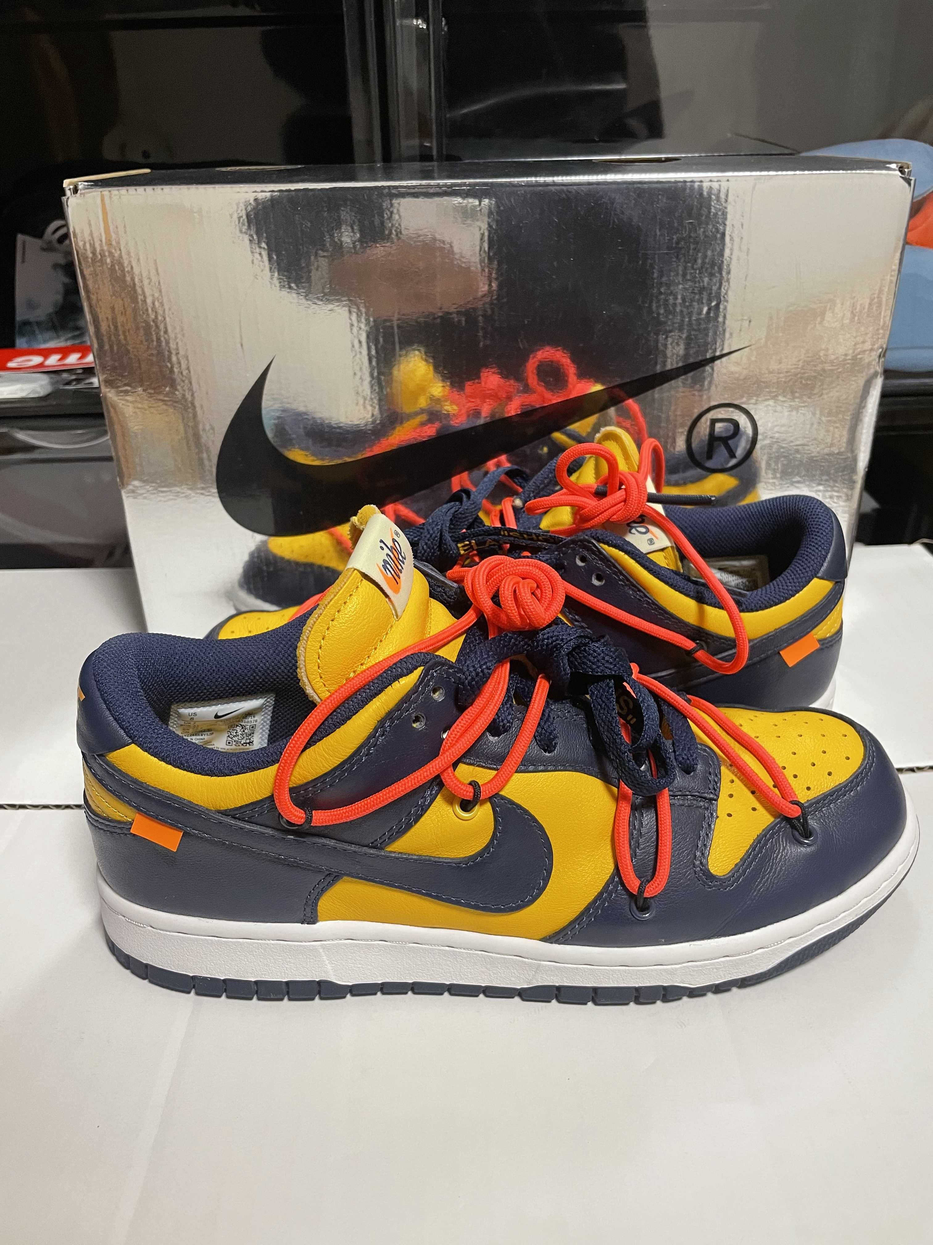 Off-White × Nike Dunk Low LTHR "University Gold/Midnight Navy/White"