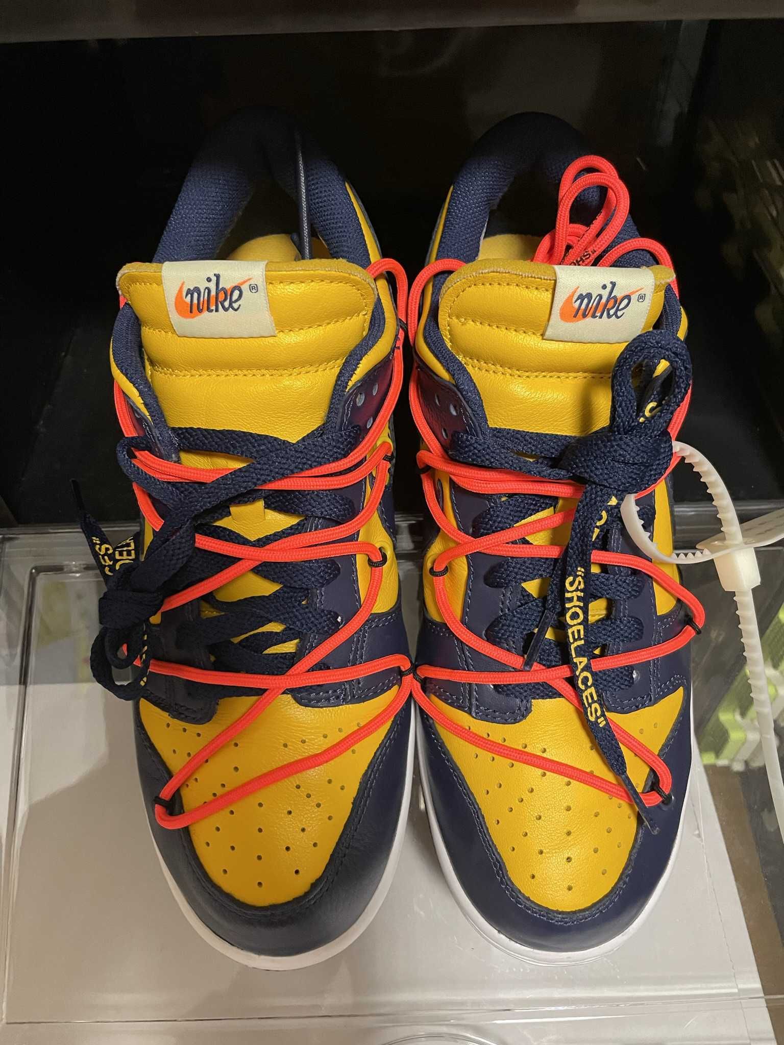 Off-White × Nike Dunk Low LTHR "University Gold/Midnight Navy/White"