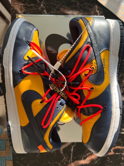 Off-White × Nike Dunk Low LTHR "University Gold/Midnight Navy/White"