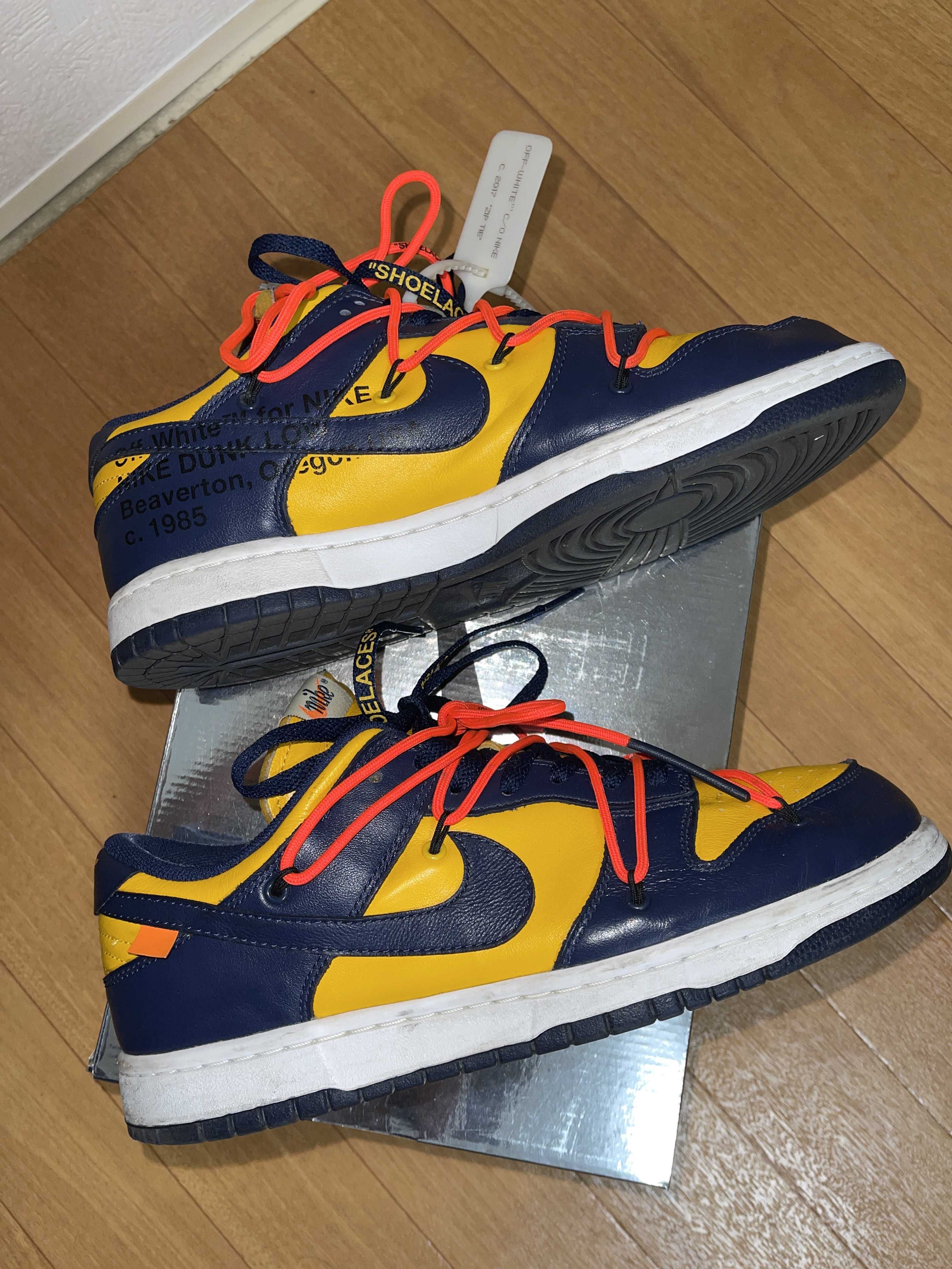 Off-White × Nike Dunk Low LTHR "University Gold/Midnight Navy/White"